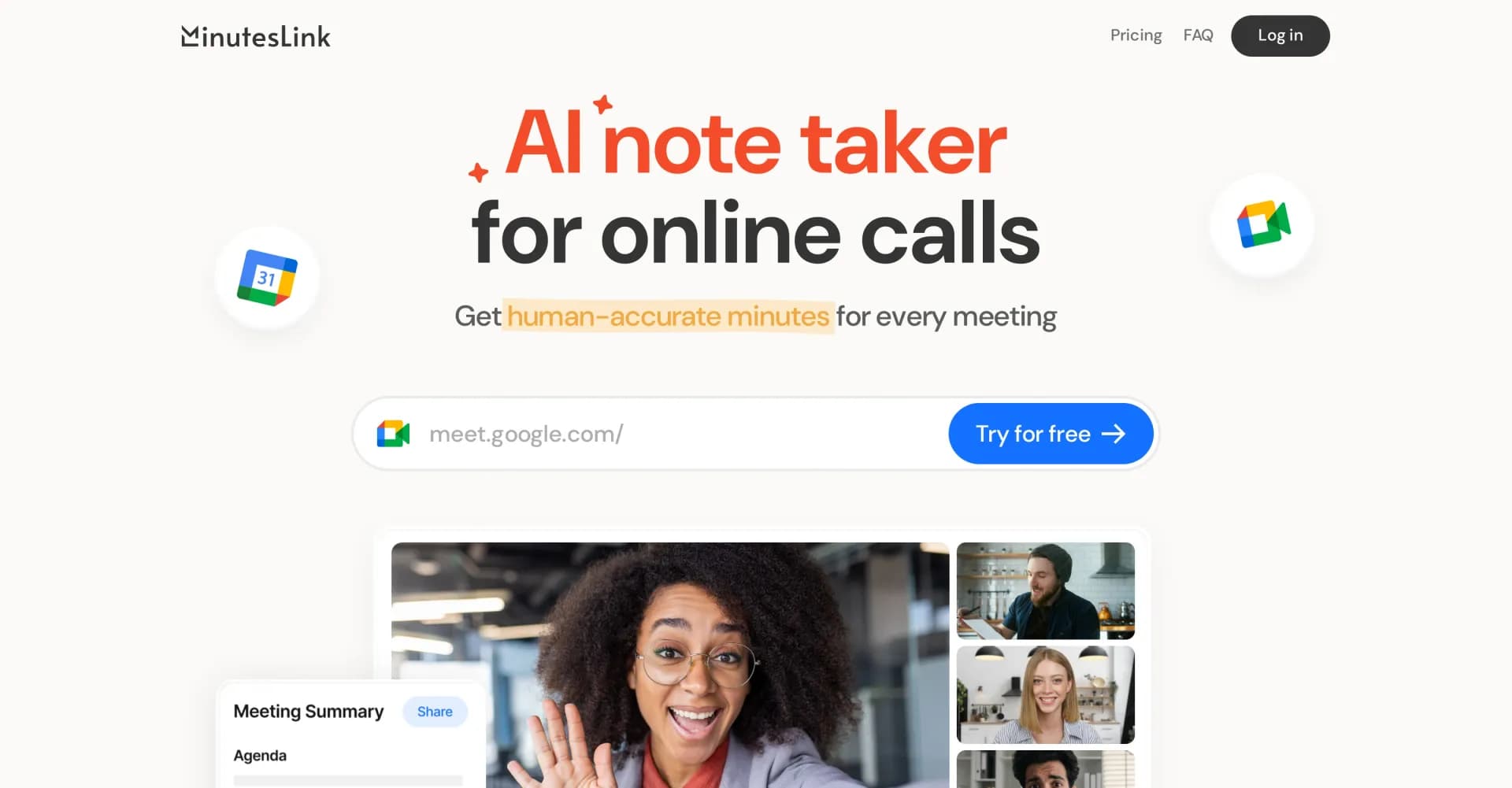 MinutesLink homepage screenshot — AI note taker: Human-accurate minutes for every call.