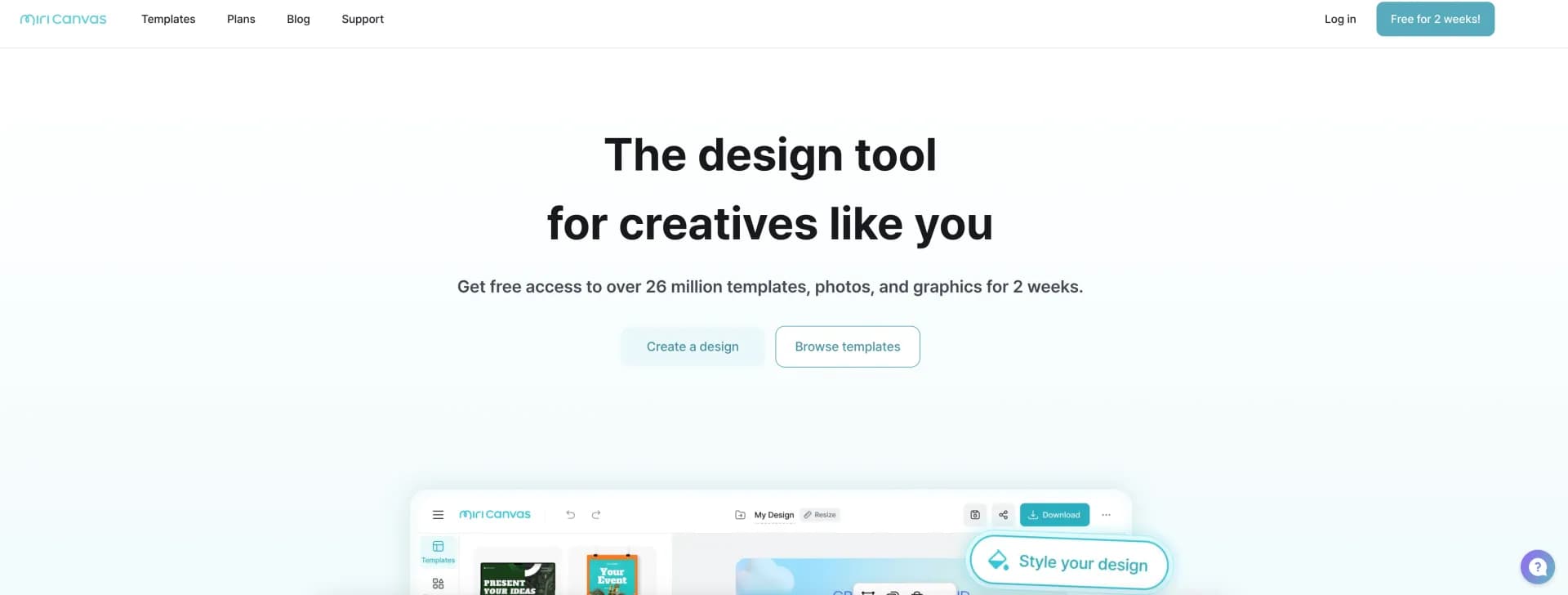 MiriCanvas homepage screenshot — Design smarter, not harder - with AI-assisted templates and 