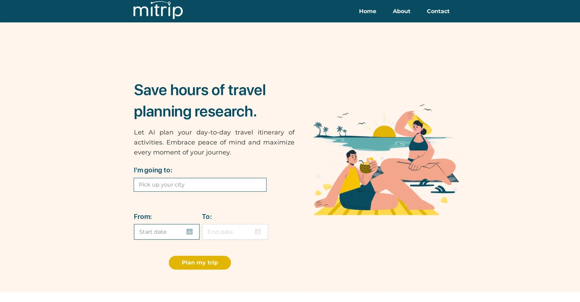 Mitrip homepage screenshot — AI planner for personalized travel itineraries