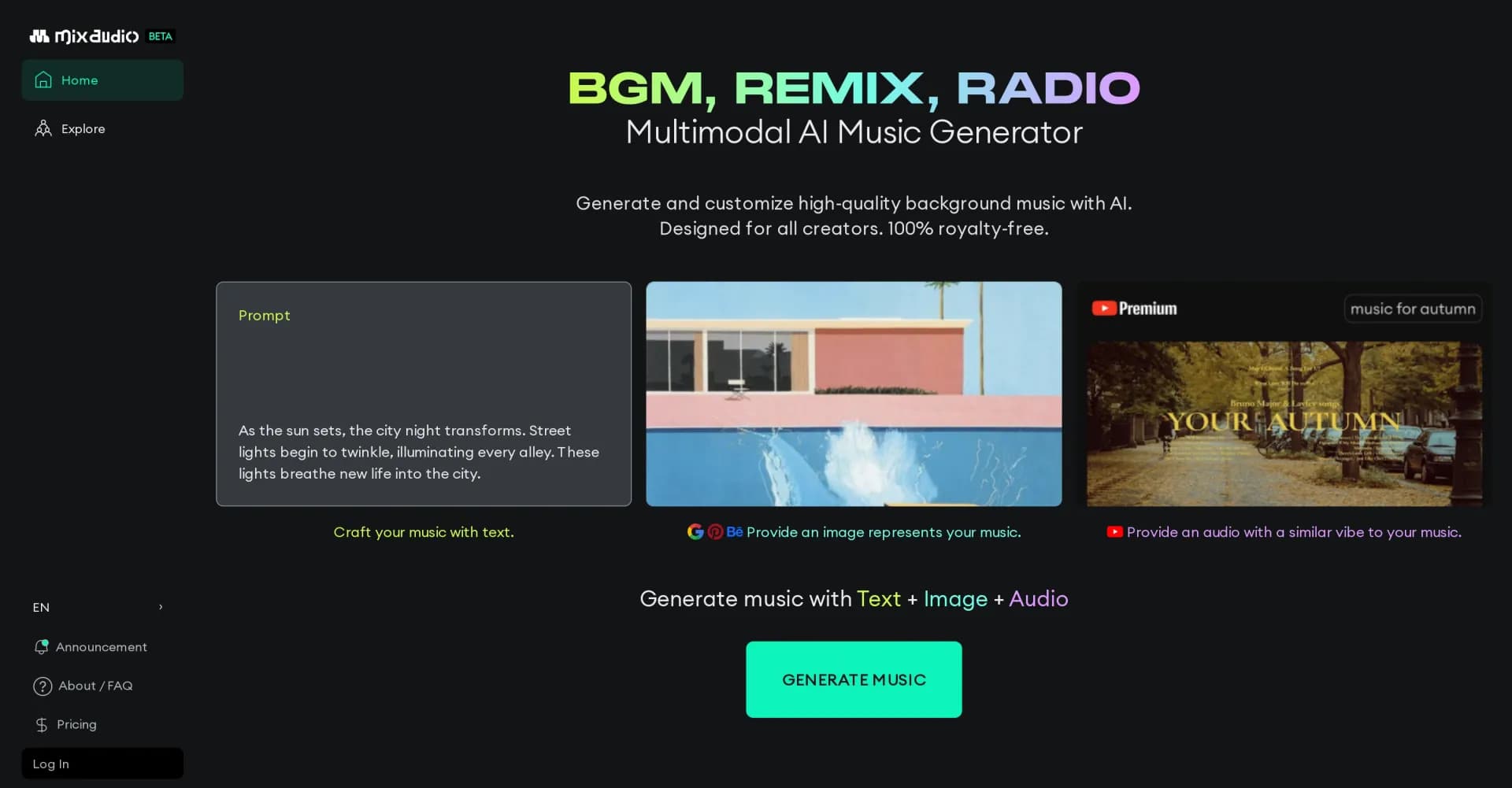 MixAudio homepage screenshot — Generate custom AI music for creators
