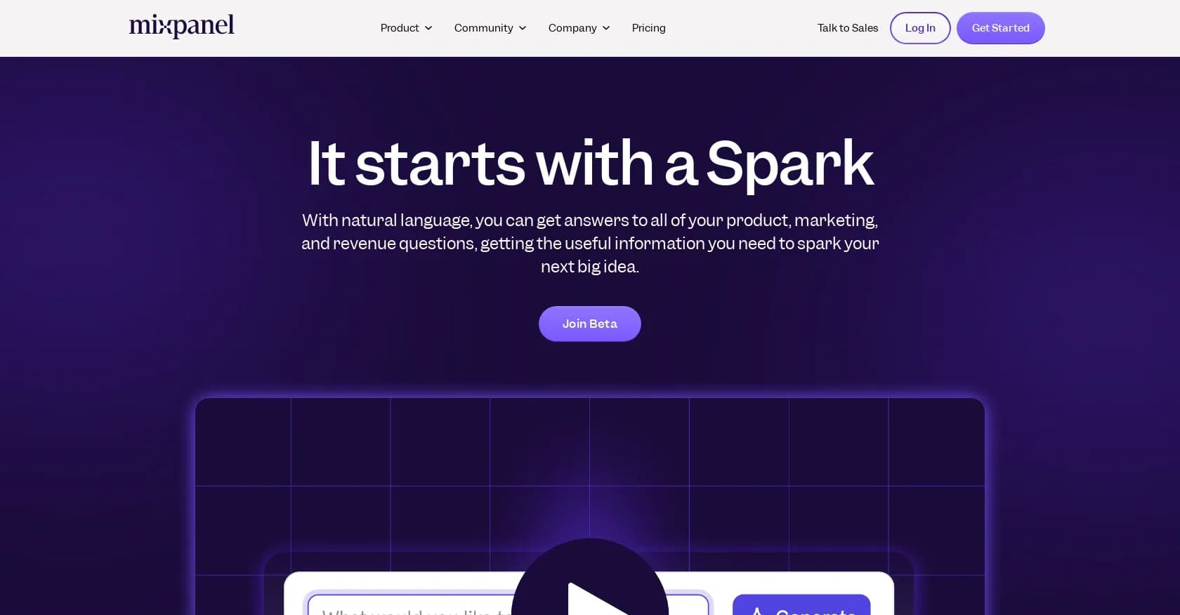 Mixpanel Spark homepage screenshot — Unleash your data's potential with powerful analytics.
