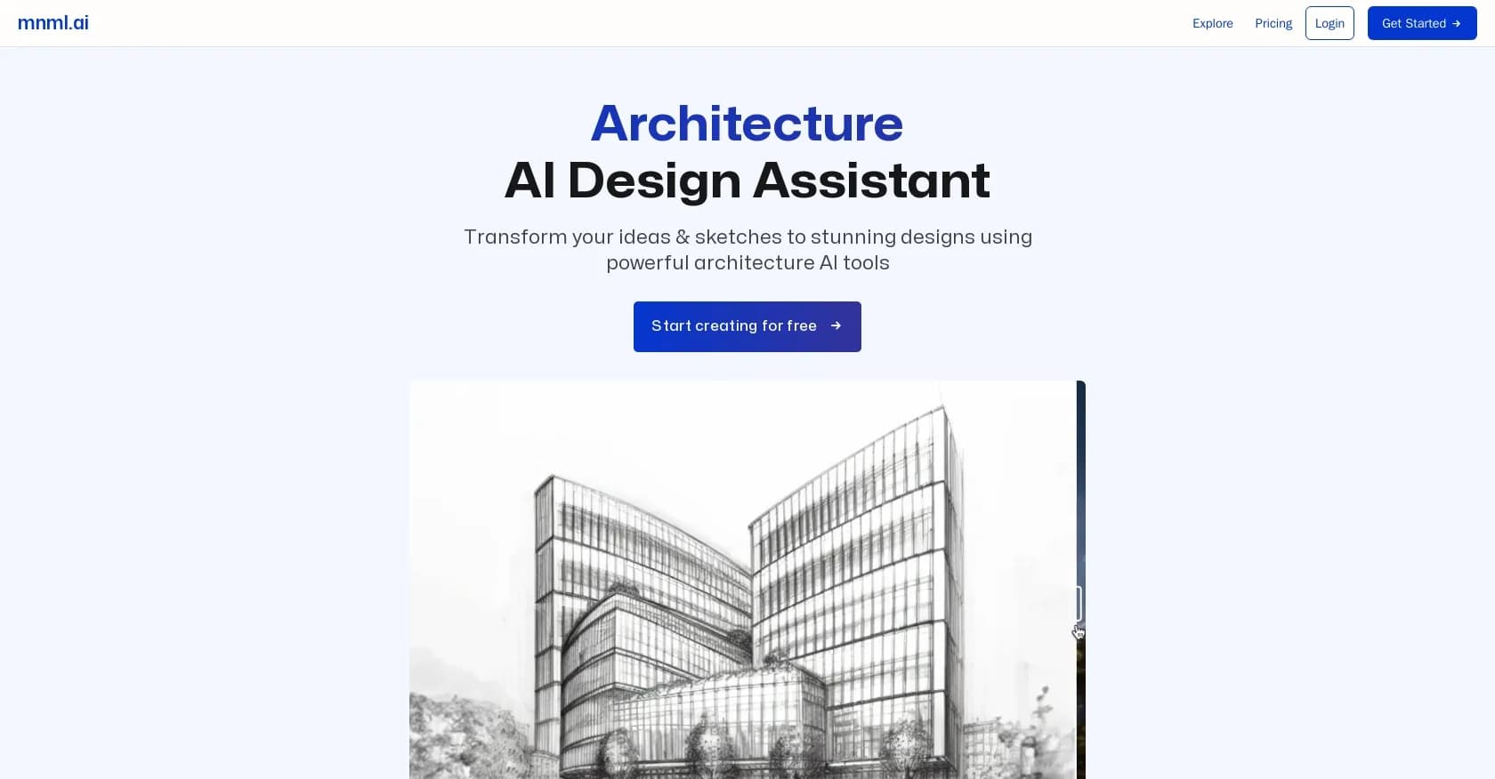 MNML homepage screenshot — Transform sketches into stunning architectural designs with 