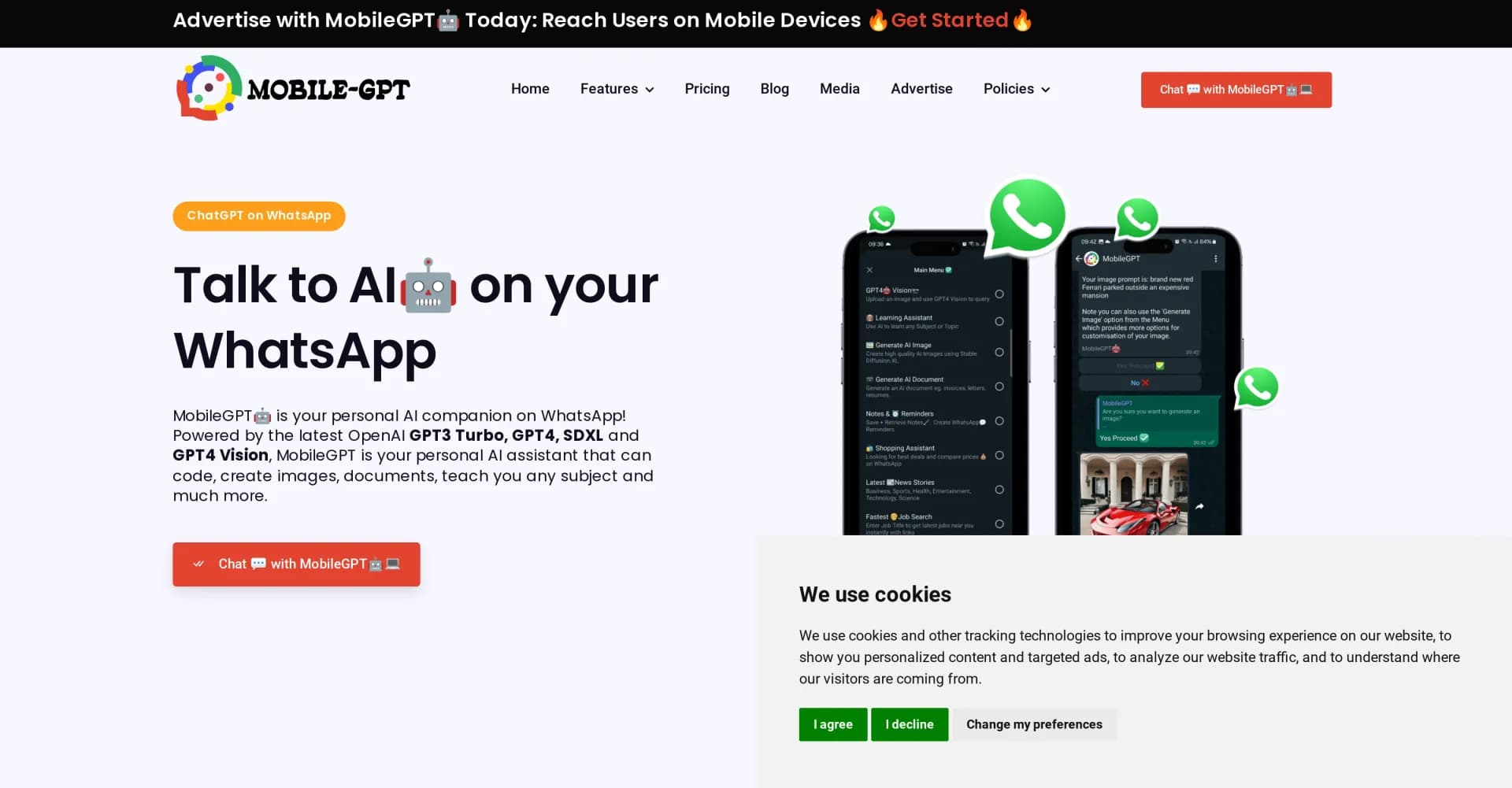 MobileGPT homepage screenshot — Your personal AI companion on WhatsApp.