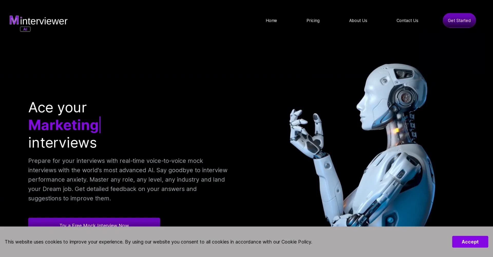 Mock Interviewer AI homepage screenshot — AI-powered voice interviews to ace your job hunt.