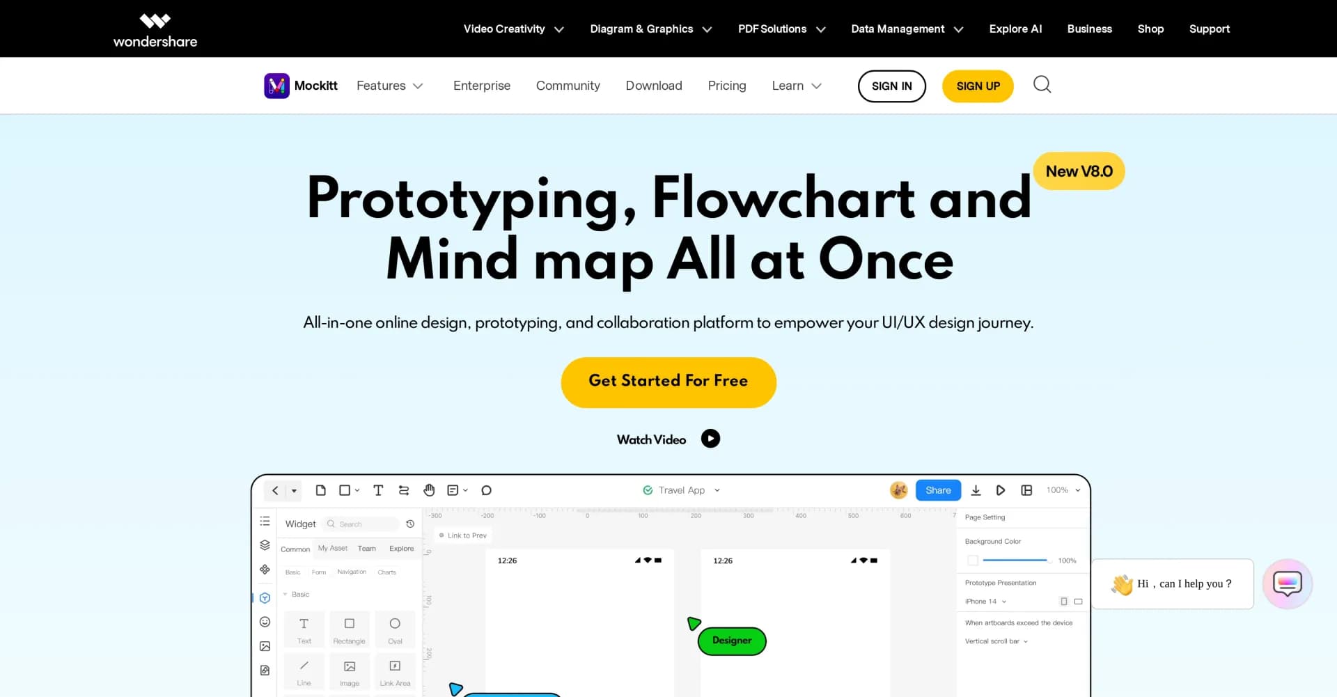 Mockitt homepage screenshot — Design and prototype rapidly with AI-powered features