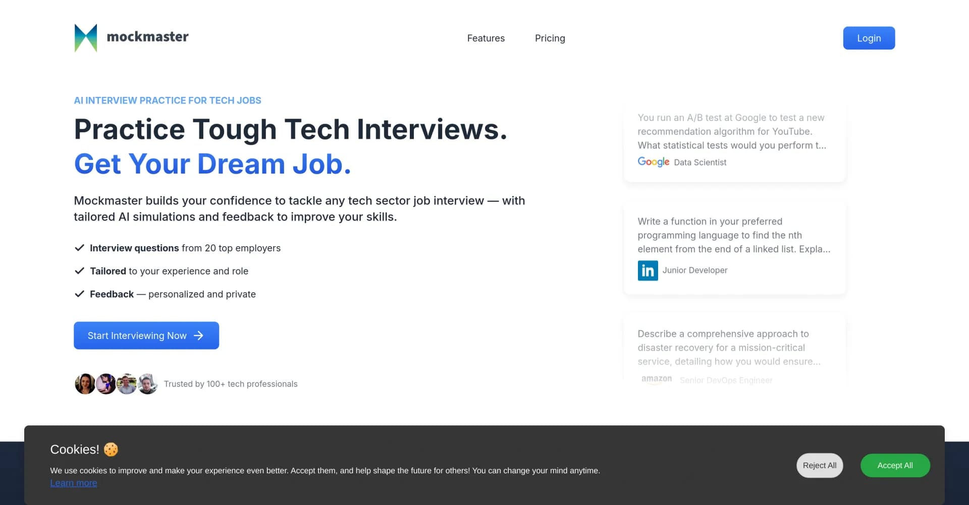 Mockmaster homepage screenshot — AI-powered tech interview practice for your dream job.