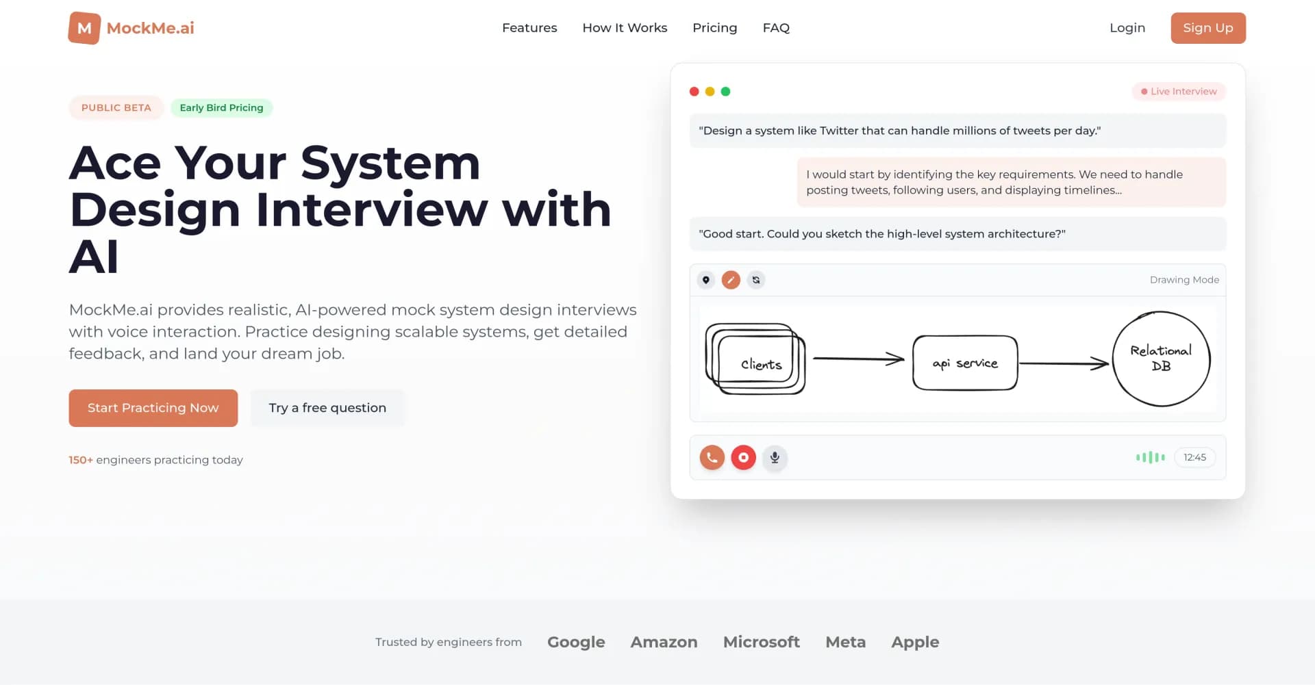 MockMe.ai homepage screenshot — Speak. Draw. Get Feedback. The Complete Interview Simulator.