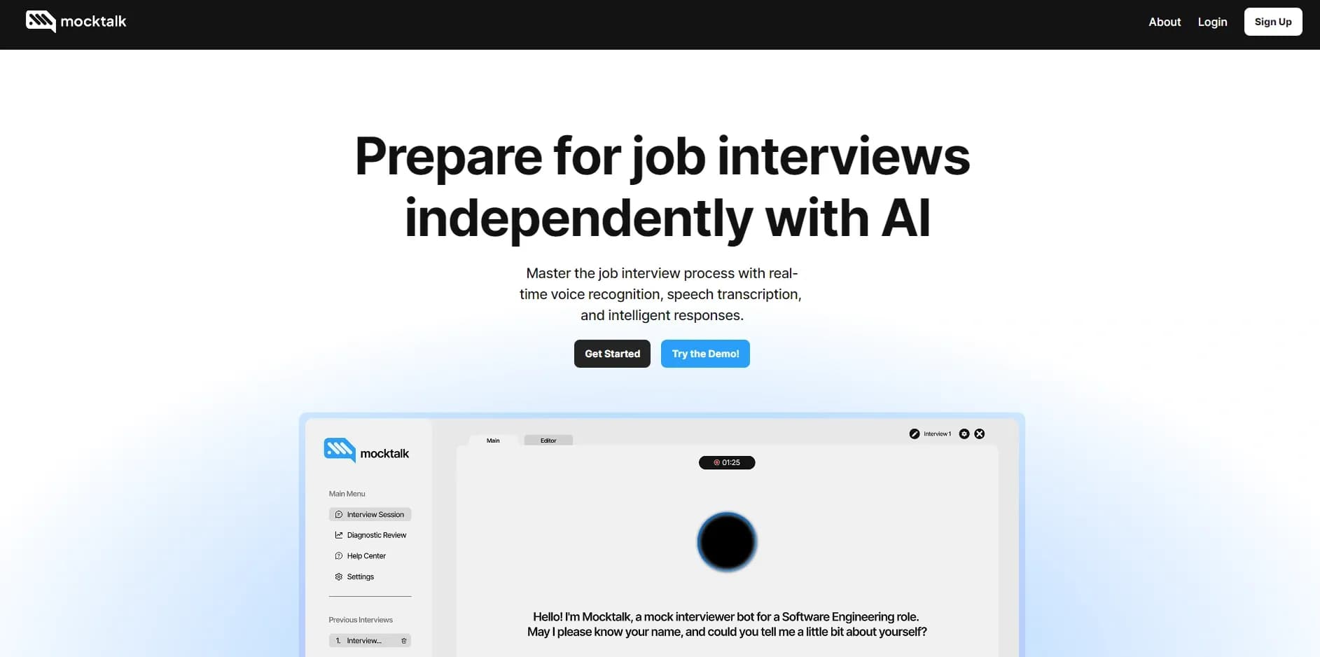 Mocktalk homepage screenshot — Master job interviews with AI-powered practice