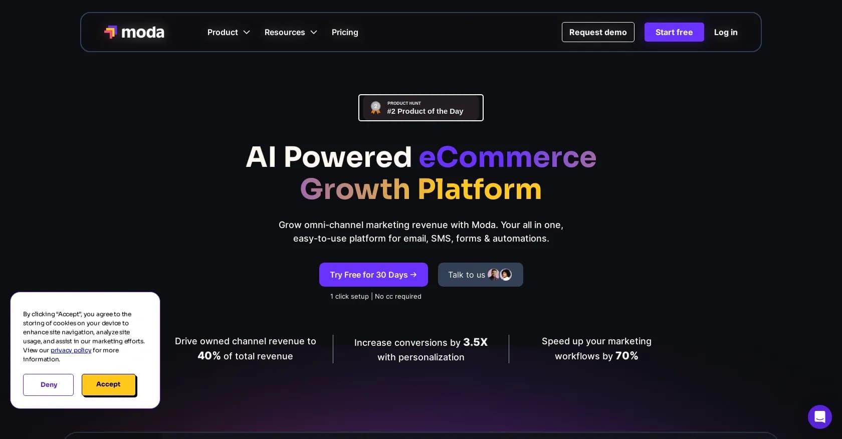 Moda homepage screenshot — AI-powered retention marketing for eCommerce growth