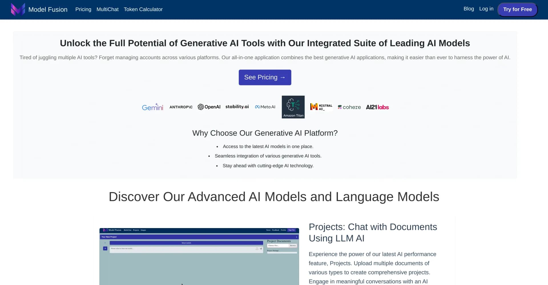 Model Fusion homepage screenshot — Chat with 23+ AI models simultaneously.