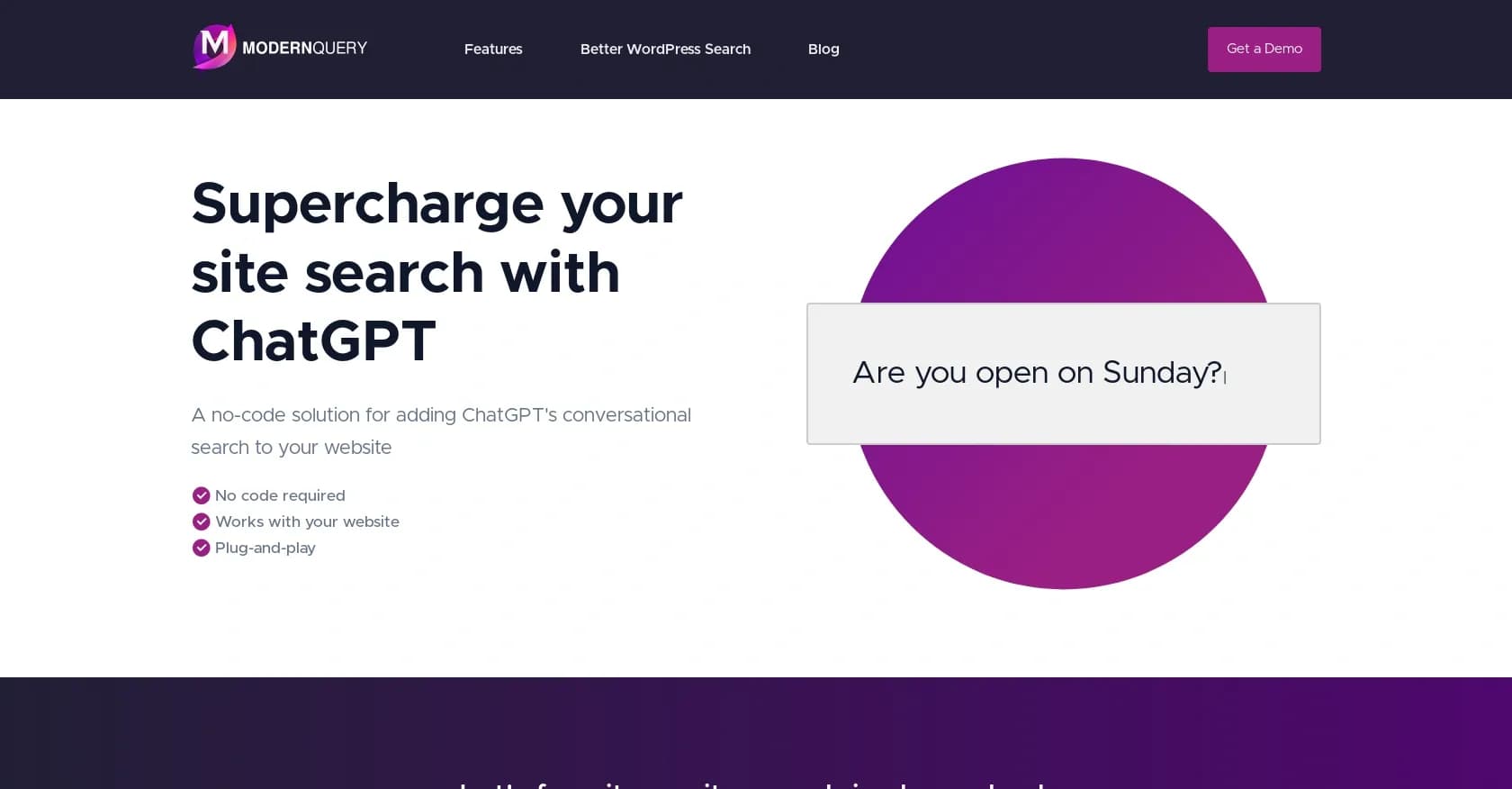 ModernQuery homepage screenshot — Supercharge your site search with ChatGPT