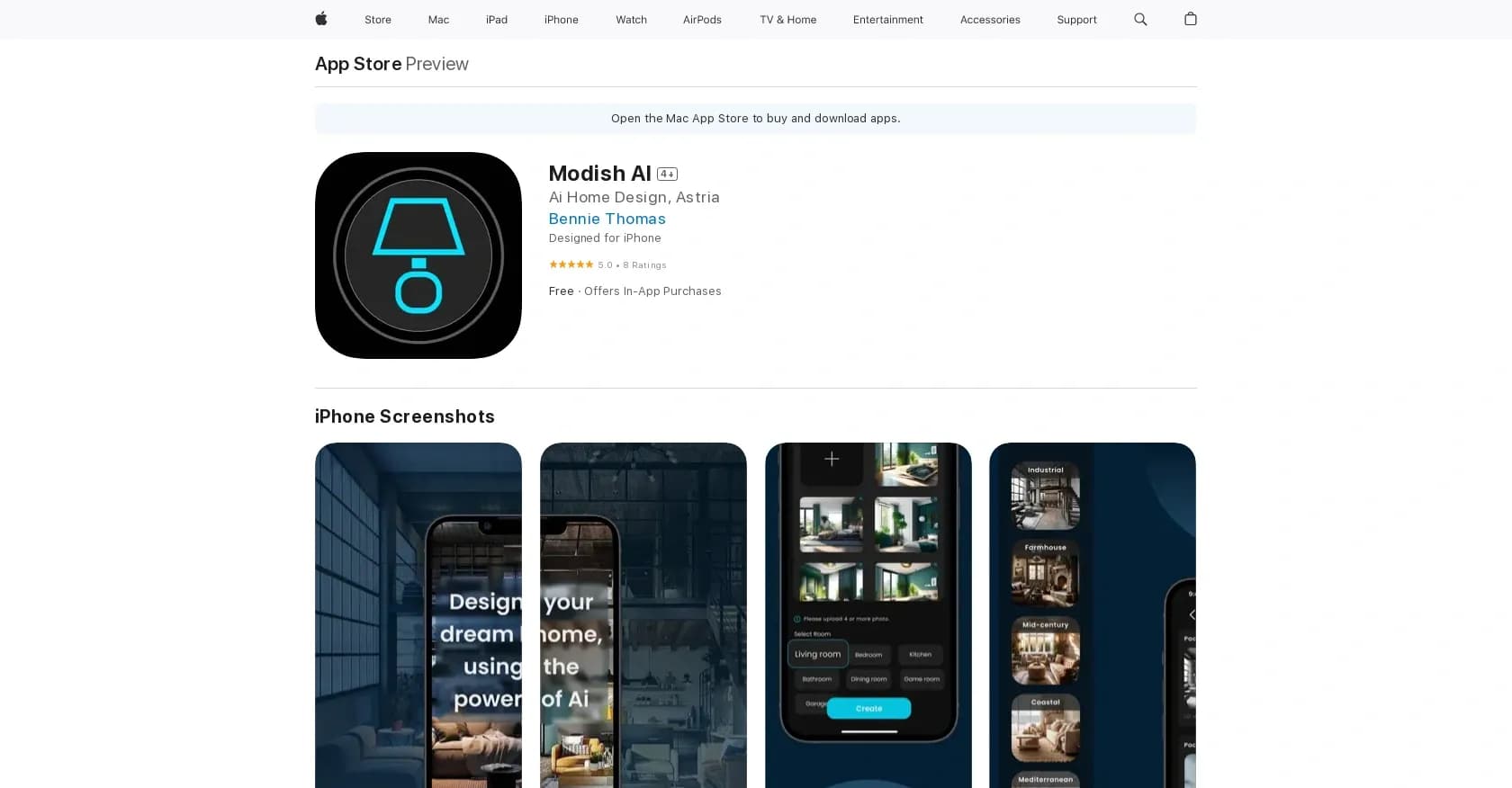 Modish homepage screenshot — Analyzed interior design styles and room images.