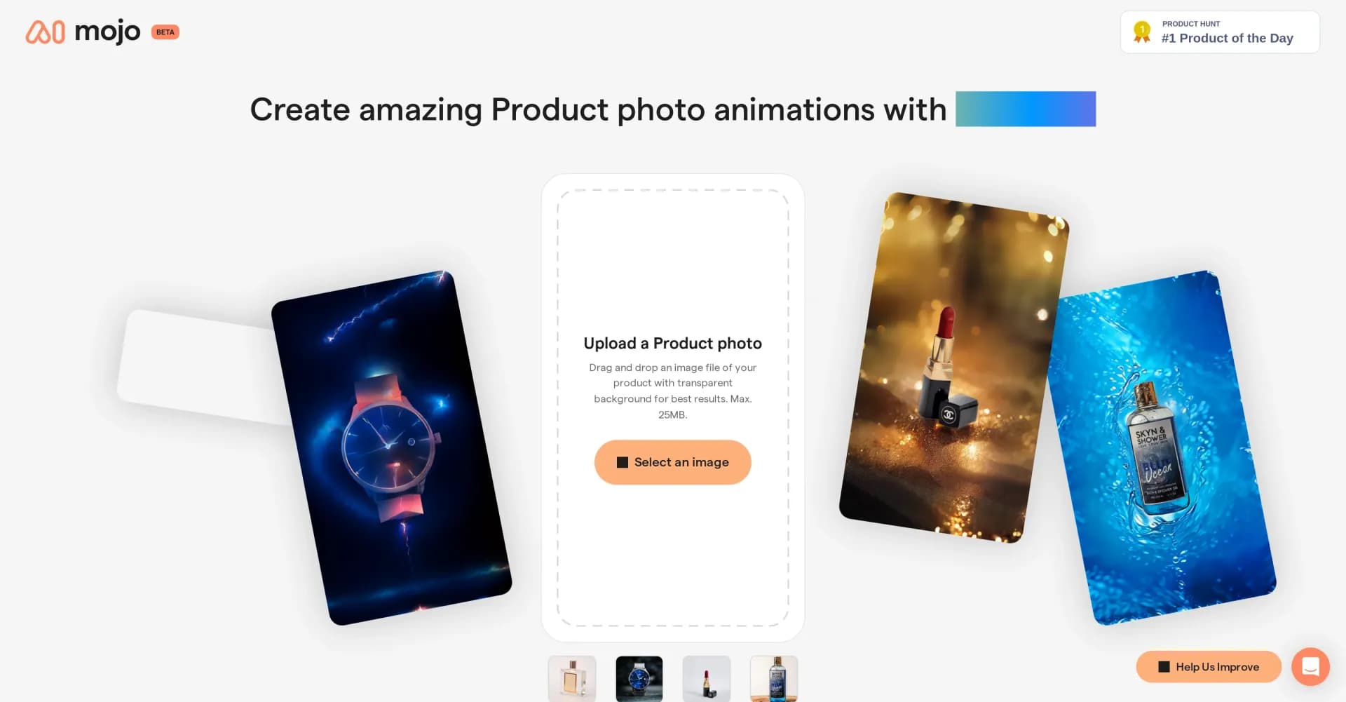 Mojo AI Reveal homepage screenshot — Animate product photos with AI-powered reveals