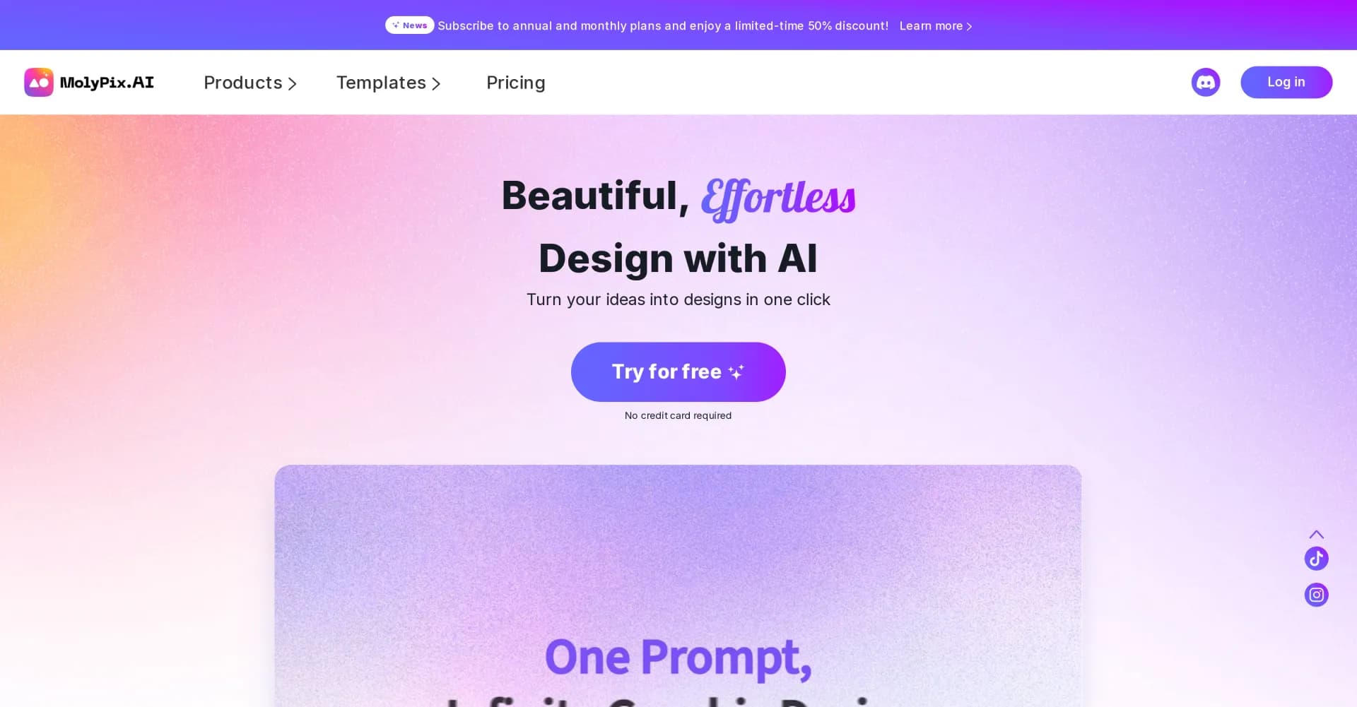 MolyPix.AI homepage screenshot — Turn ideas into designs with one AI click