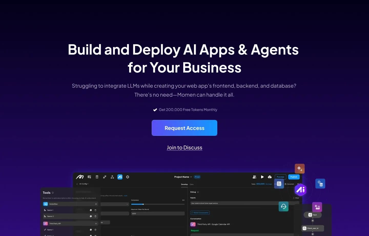 Momen AIv2.0 homepage screenshot — Build and Deploy AI Apps & Agents for Your Business