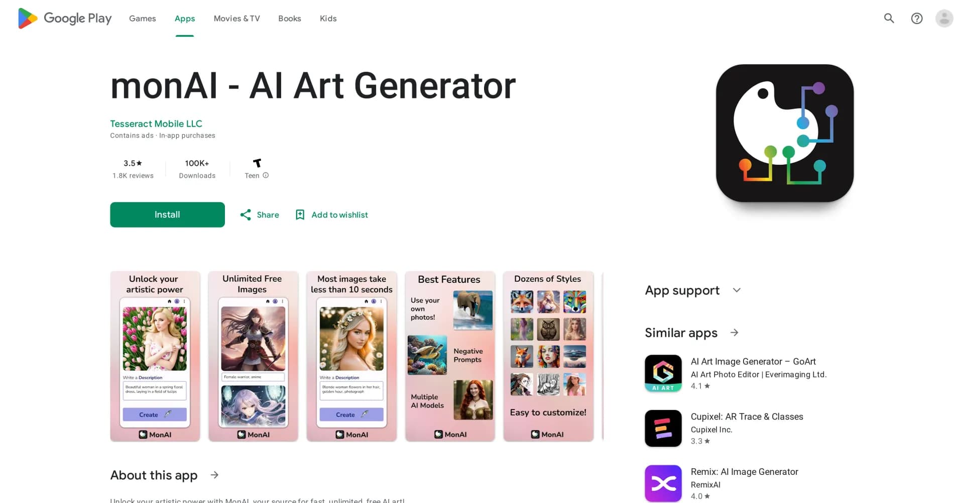 MonAI - AI Art Generator homepage screenshot — Create stunning AI art from text & photos