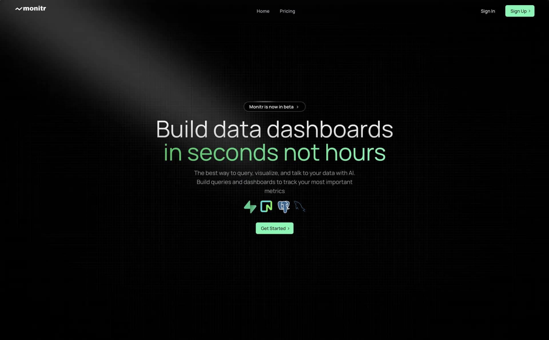 Monitr homepage screenshot — Build SQL dashboards in seconds not hours.