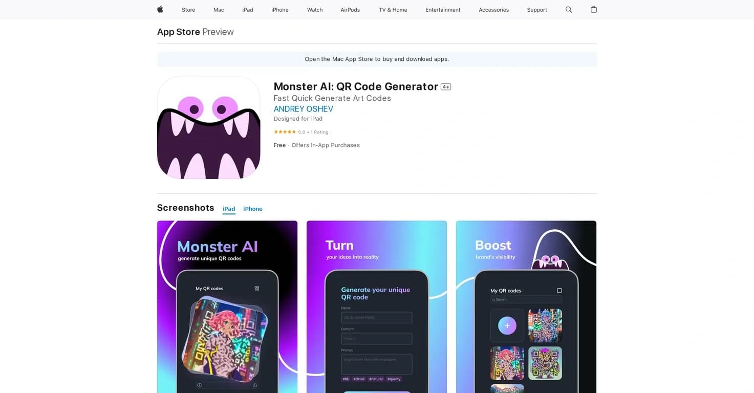 Monster AI homepage screenshot — Generate QR codes with Monster AI.