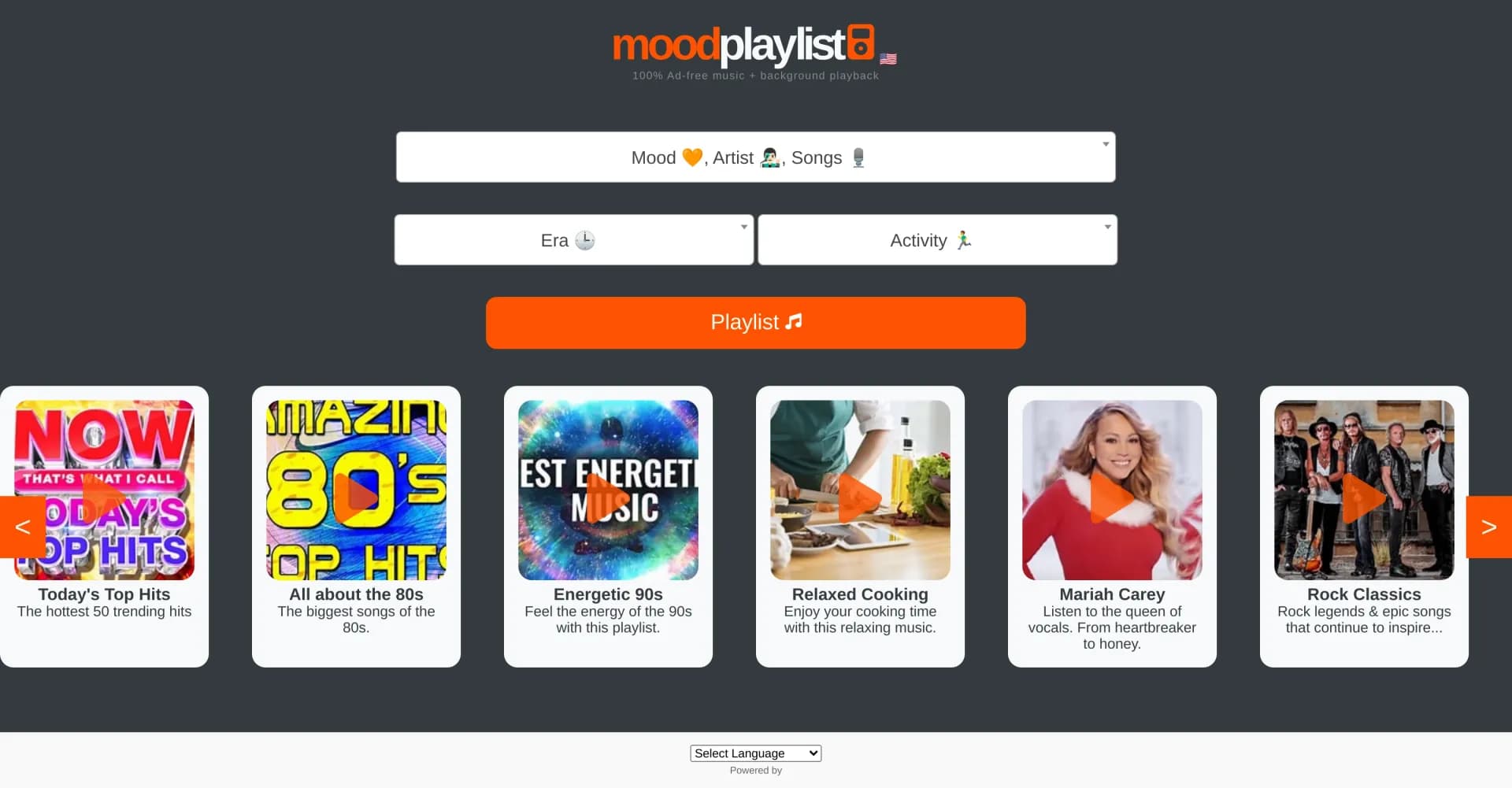 Moodplaylist homepage screenshot — AI-powered playlists for every mood, ad-free.