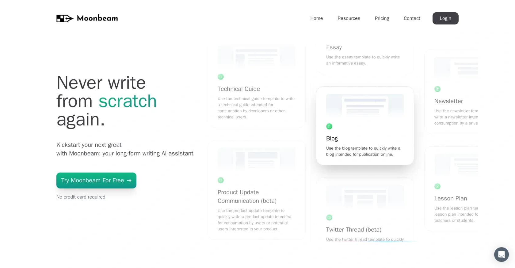 Moonbeam homepage screenshot — Never write from scratch again.