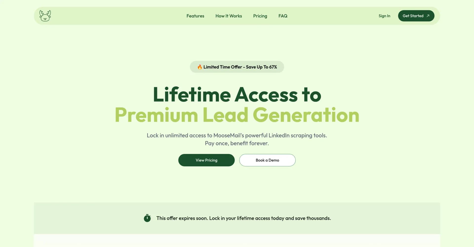 MooseMail homepage screenshot — Unlock unlimited LinkedIn lead generation forever.