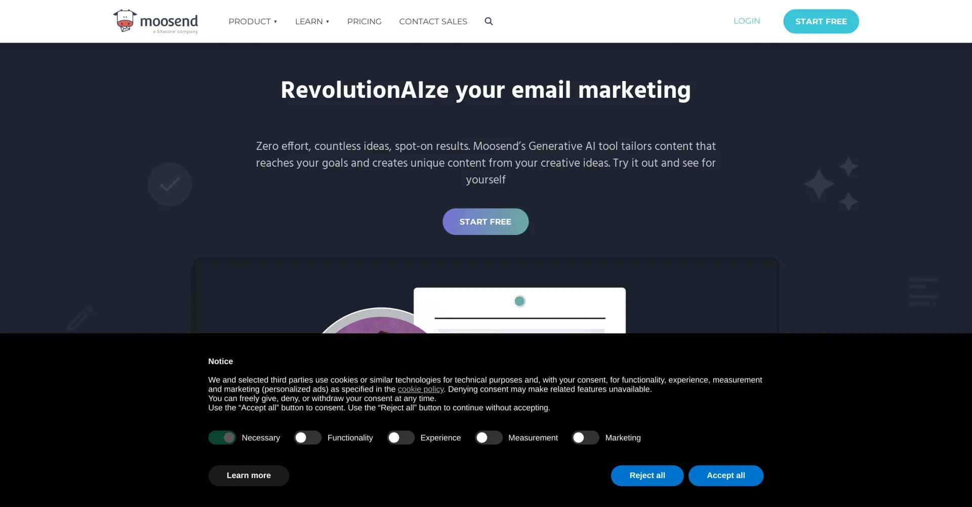 Moosend homepage screenshot — AI-powered email marketing that converts ideas to results.