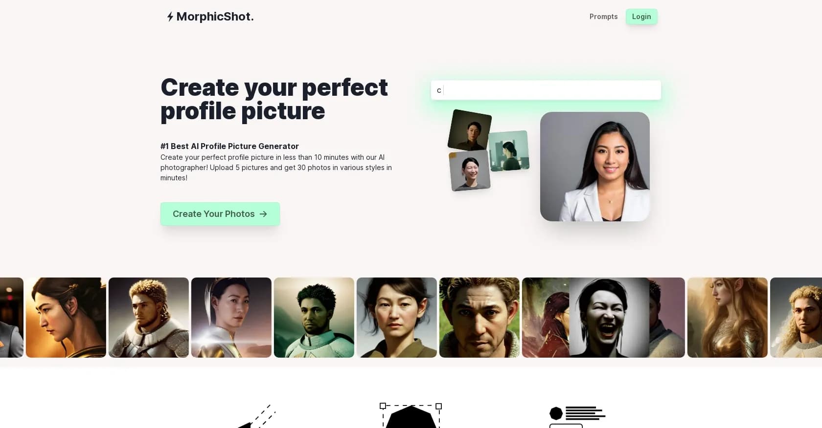 MorphicShot homepage screenshot — Create perfect profile pictures with AI