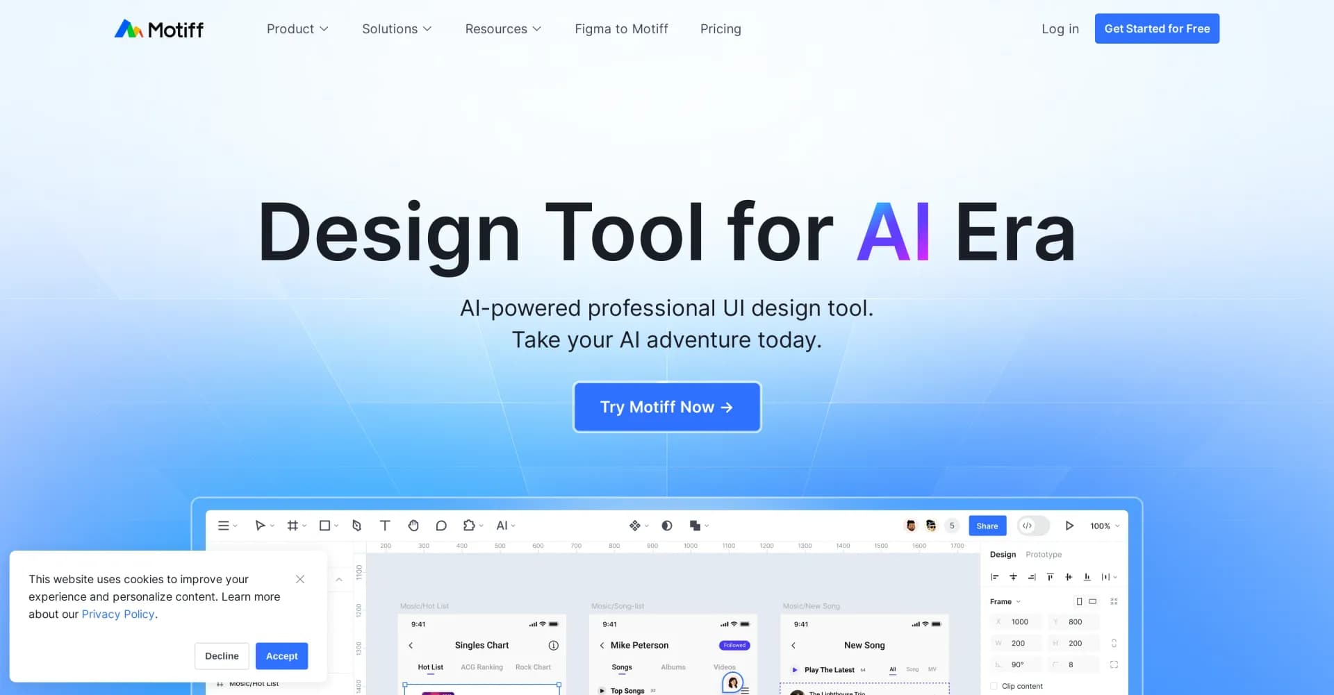 Motiff homepage screenshot — AI-powered professional UI design tool