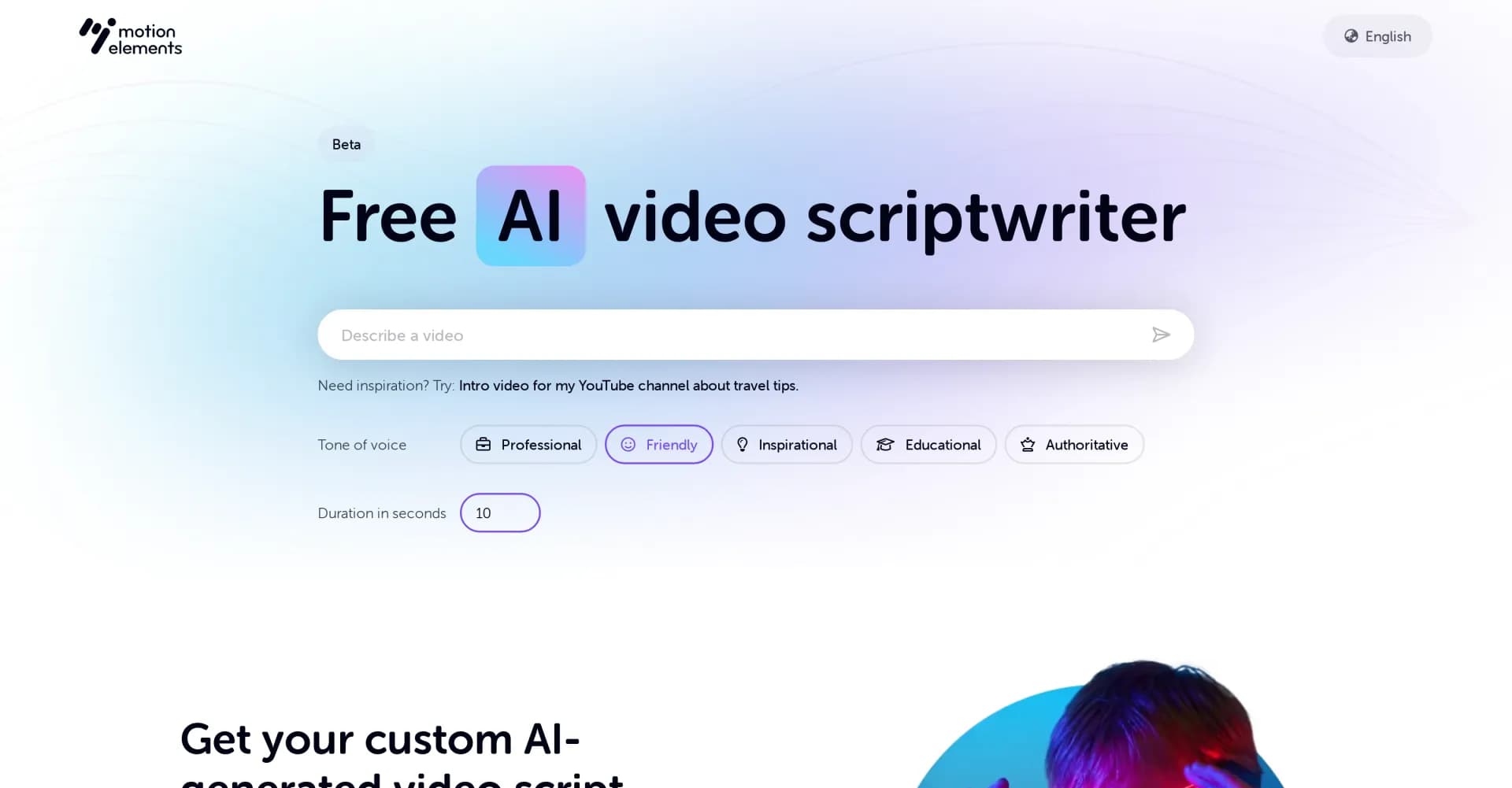 Motion Elements homepage screenshot — AI-powered scriptwriter for captivating videos