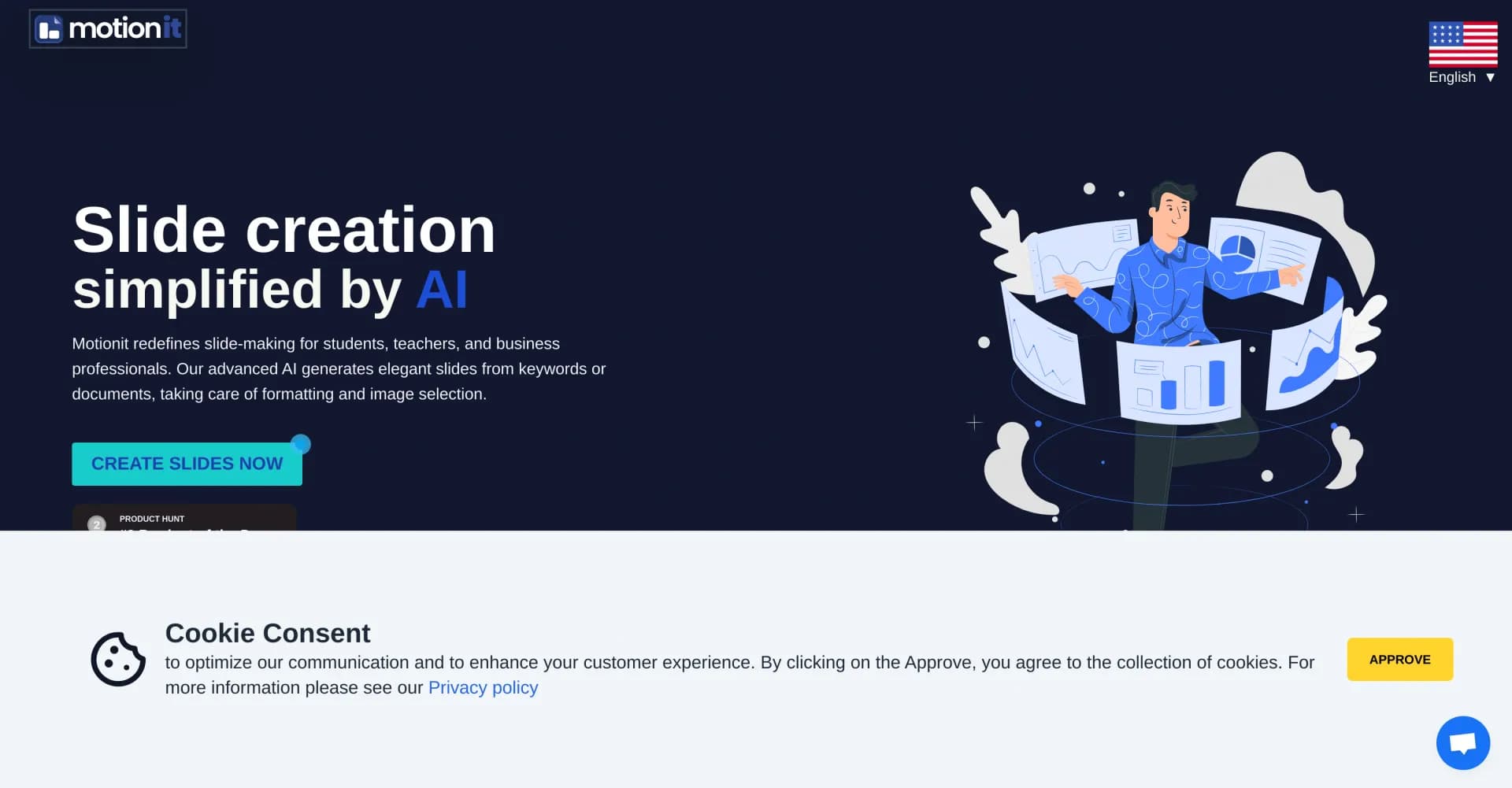 Motionit homepage screenshot — AI-powered slides and videos in minutes.