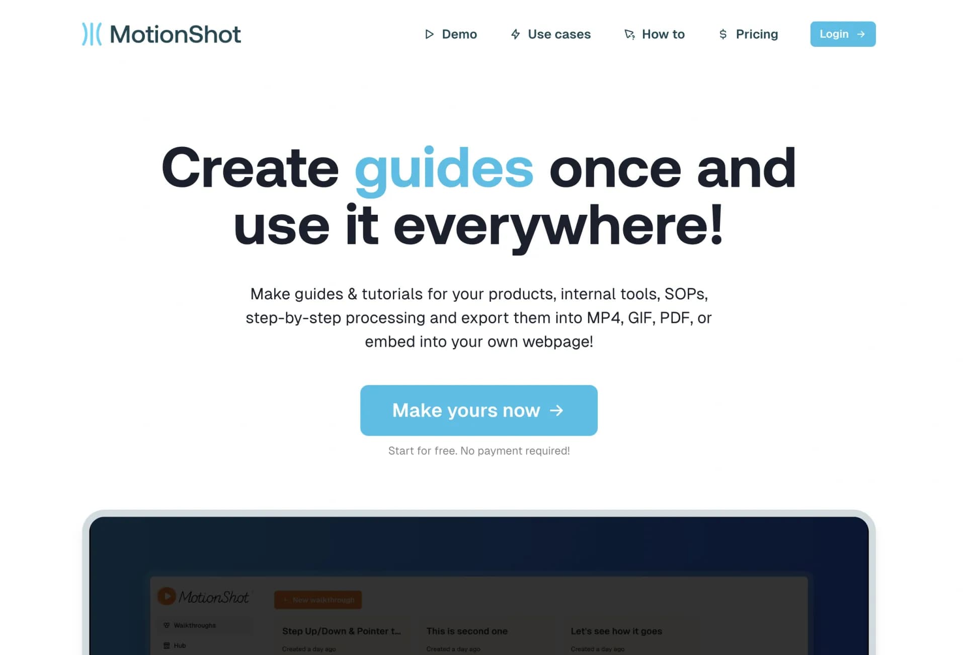 MotionShot homepage screenshot — Create shareable walkthrough guides in minutes