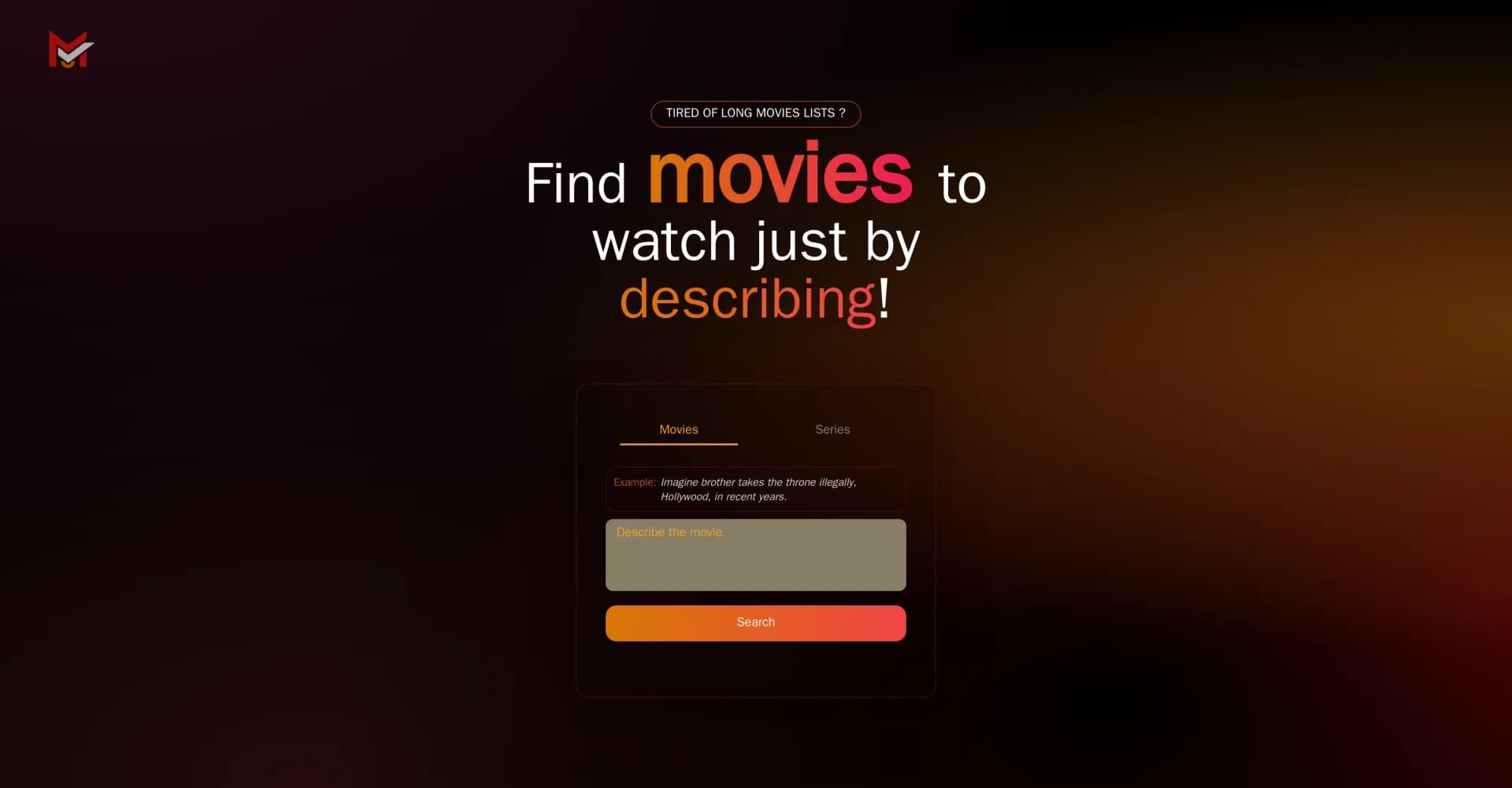 MovieUncover homepage screenshot — Find movies by describing them.