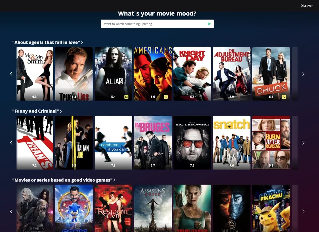 MovieWiser homepage screenshot — Movie & TV show recommendations by preferences.