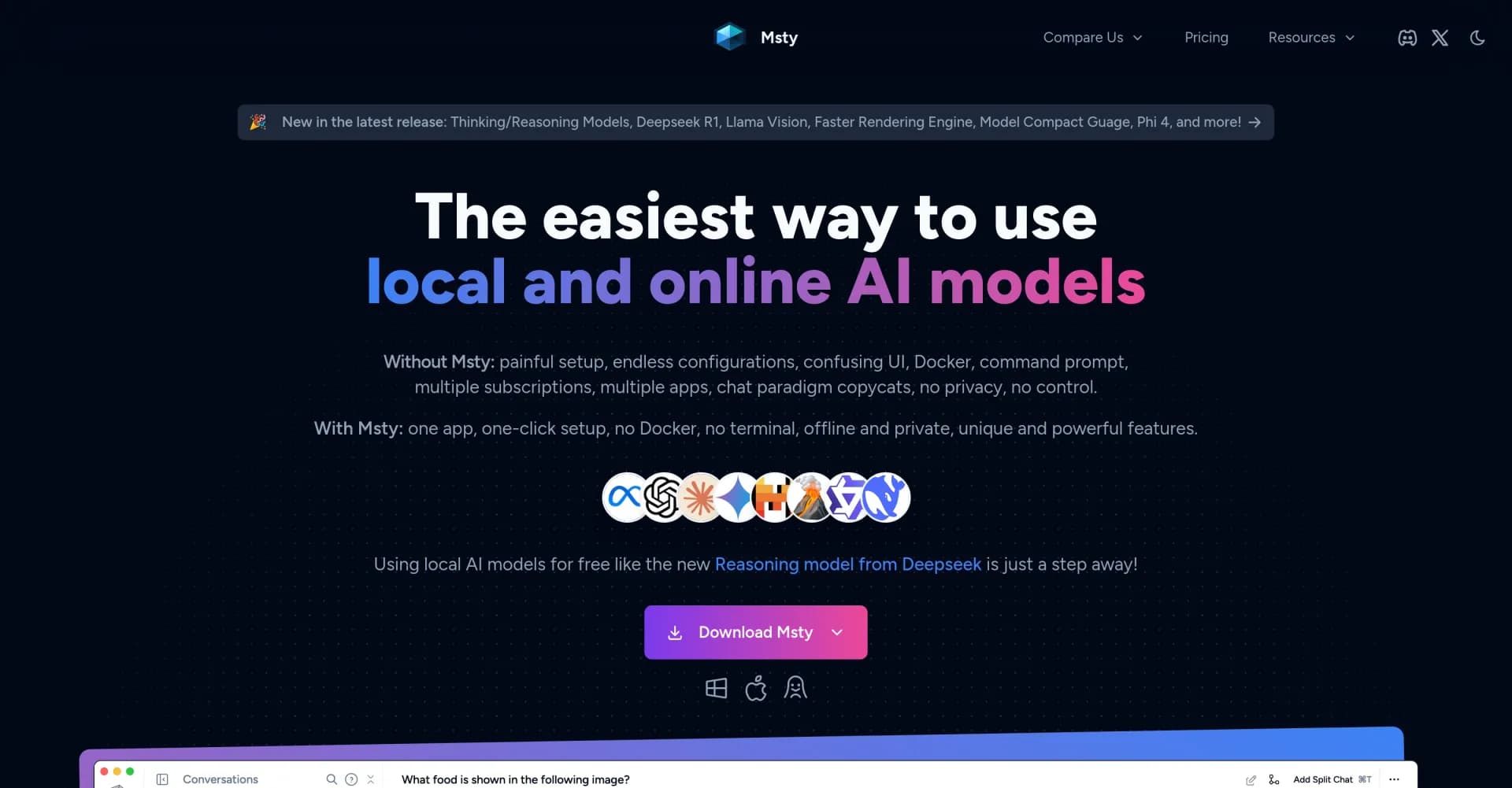 Msty homepage screenshot — Simplify AI model usage with one powerful app