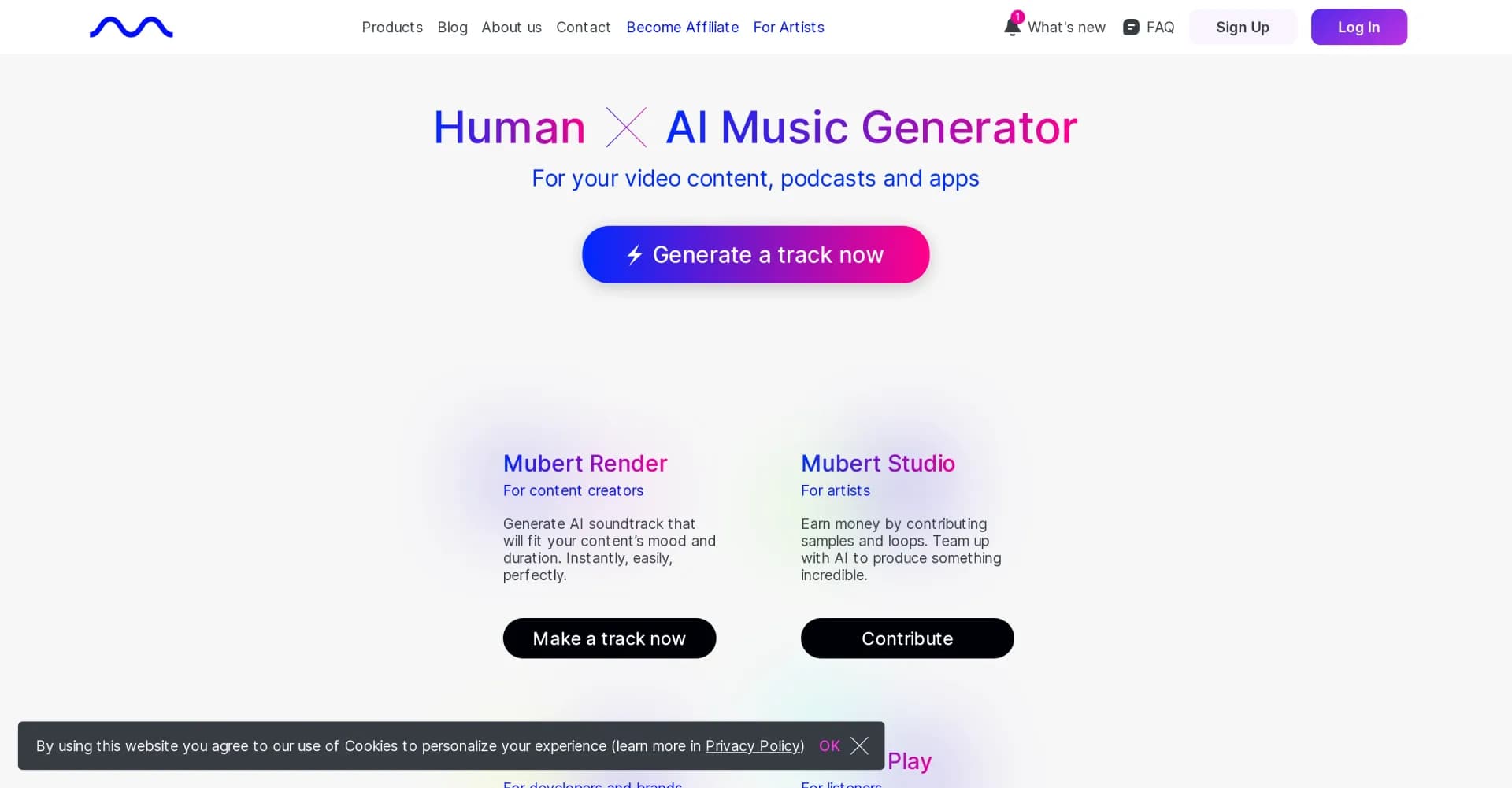 Mubert homepage screenshot — Generate AI soundtracks for your content instantly.