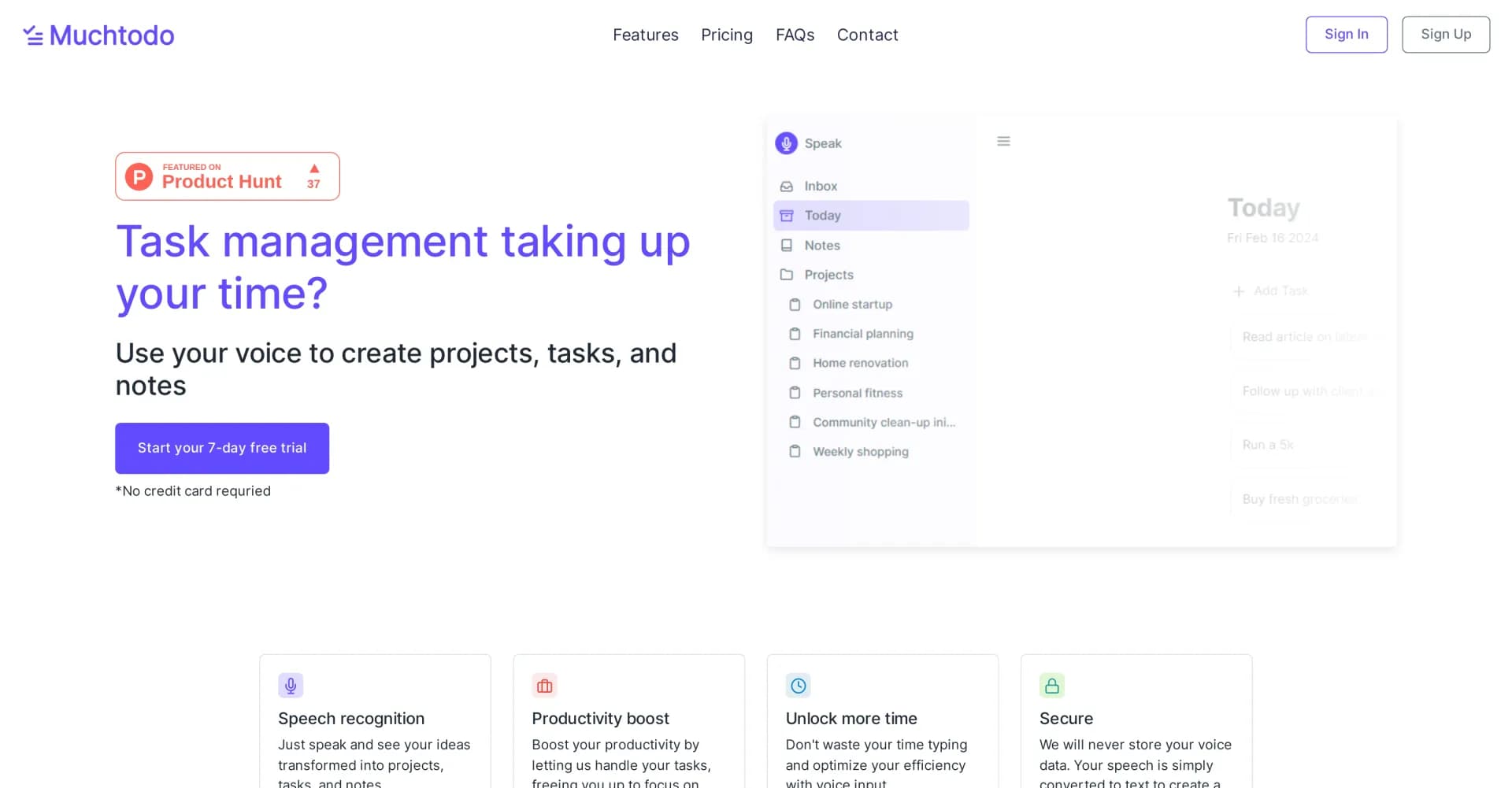 Muchtodo homepage screenshot — Speak your tasks, unlock your time.