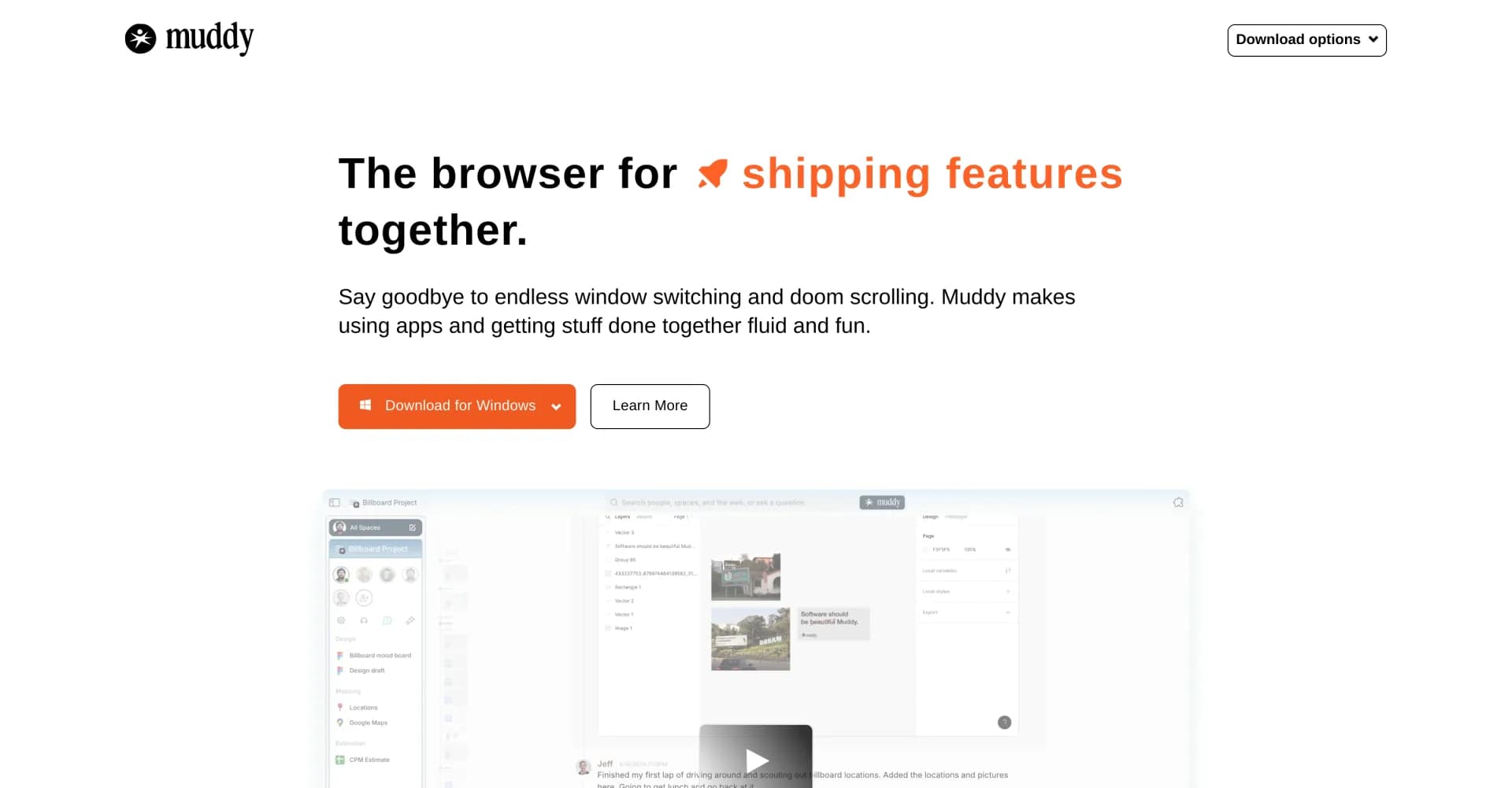 Muddy homepage screenshot — The browser for designing products together