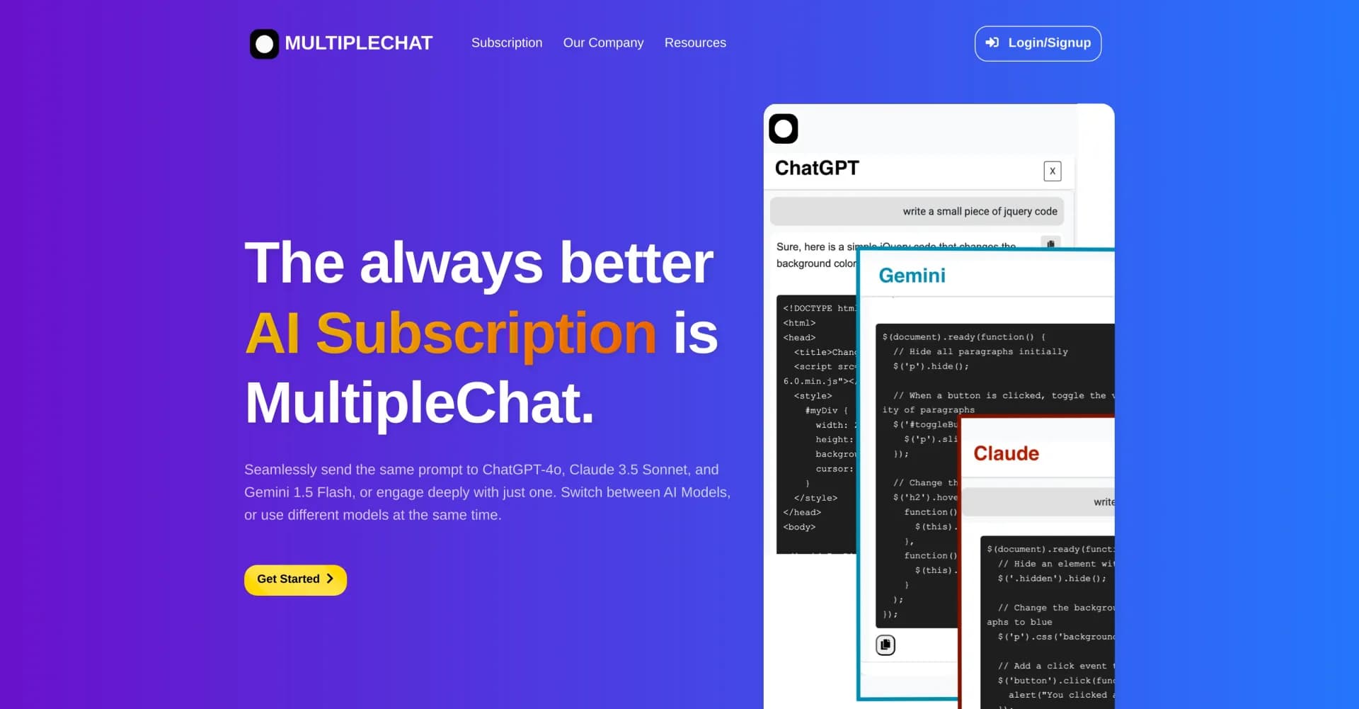 MultipleChat homepage screenshot — Chat with multiple AI models simultaneously.