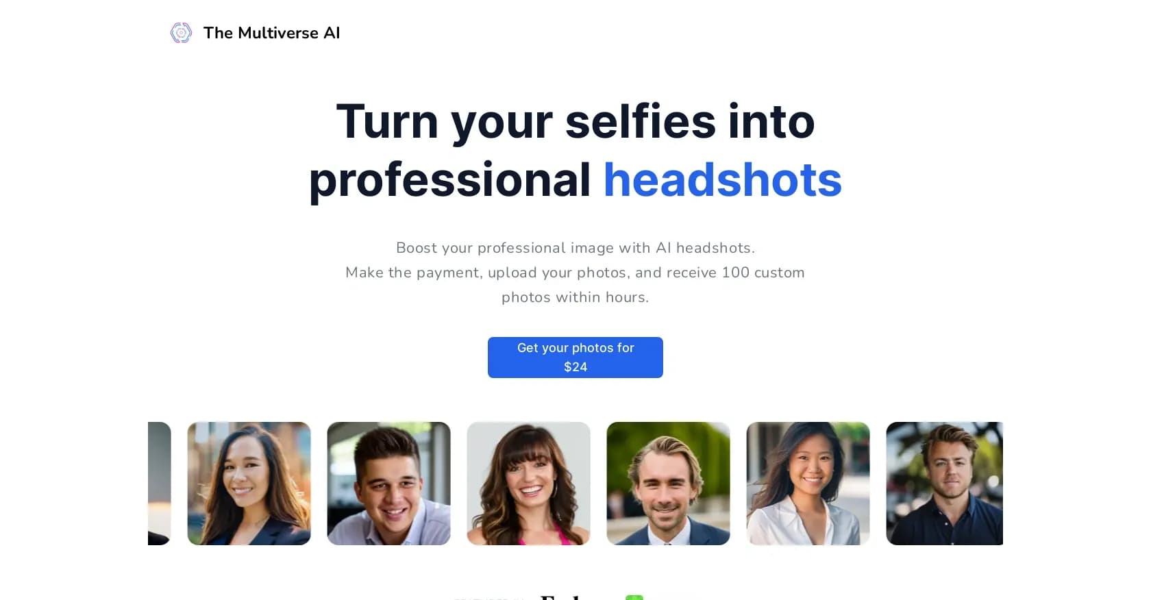 Multiverse AI homepage screenshot — Transform selfies into professional AI headshots