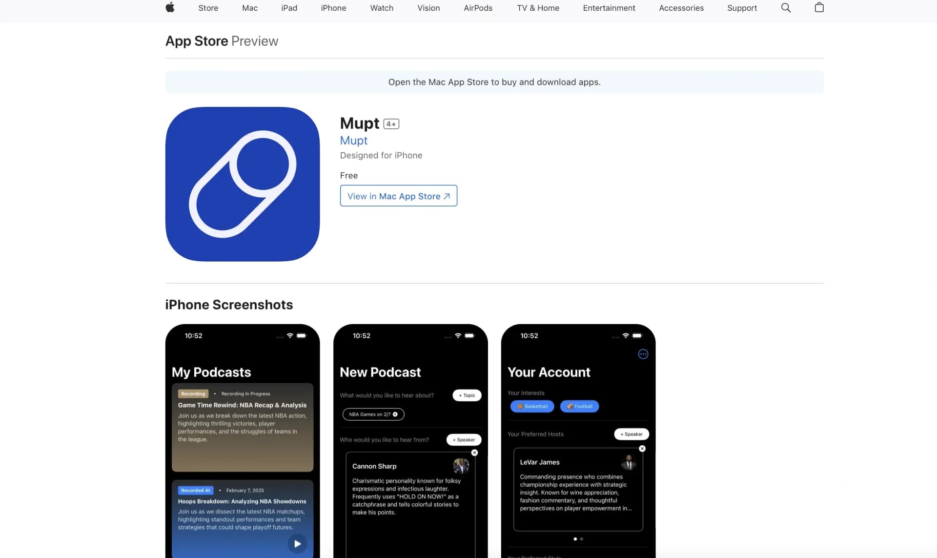 Mupt homepage screenshot — AI sports podcast tailored to your interests