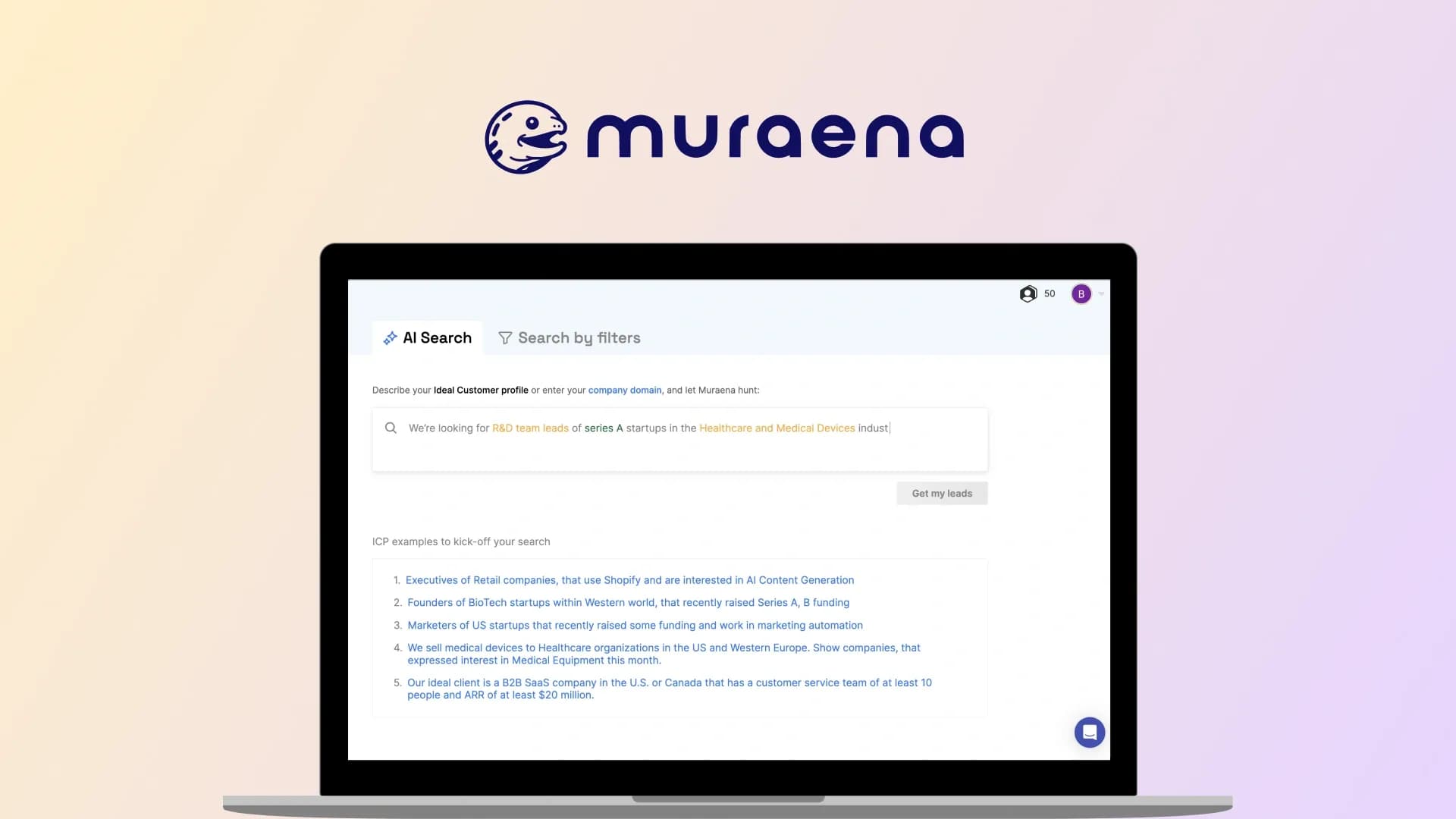 Muraena - AI-powered B2B lead generation homepage screenshot — Find targeted B2B leads 10x faster