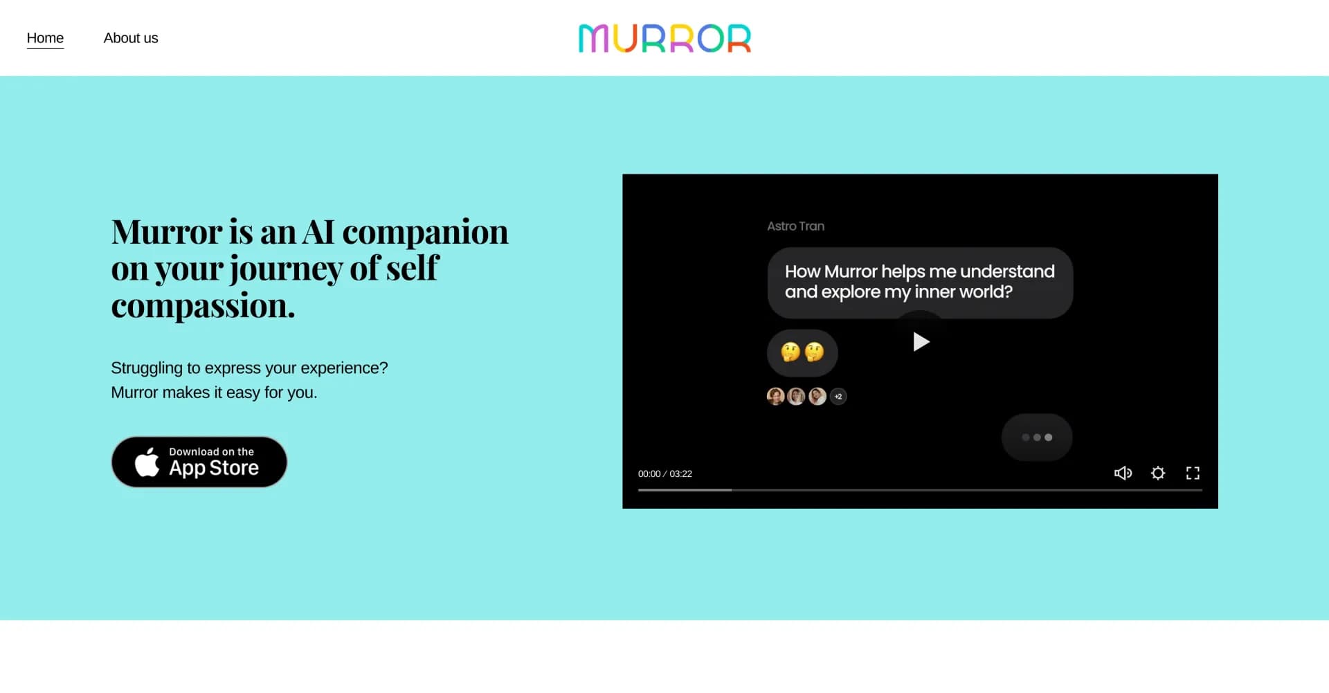 Murror homepage screenshot — AI companion for self-compassion and emotional balance.