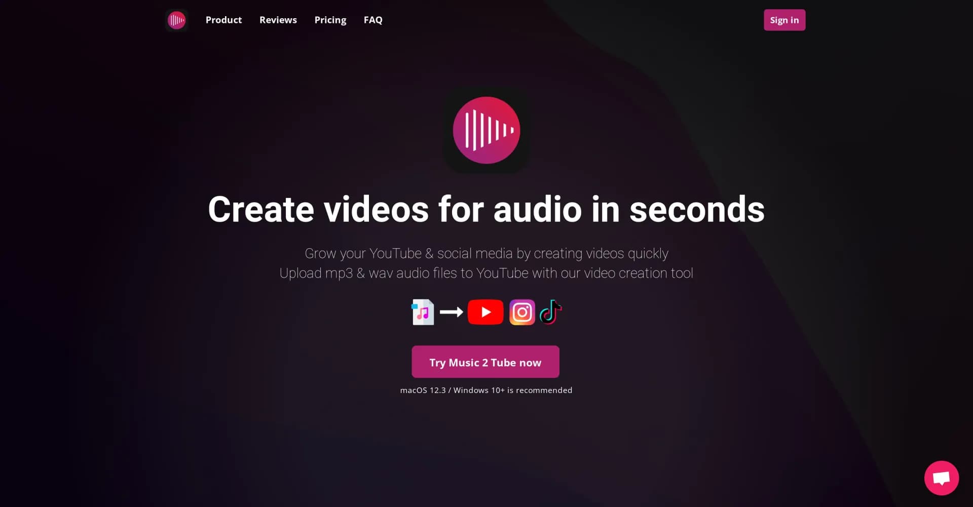 Music 2 Tube homepage screenshot — Turn audio into YouTube videos instantly