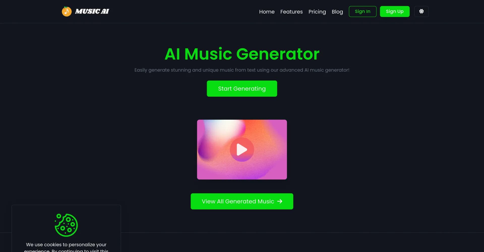 Music AI homepage screenshot — Generate stunning music from text with AI.