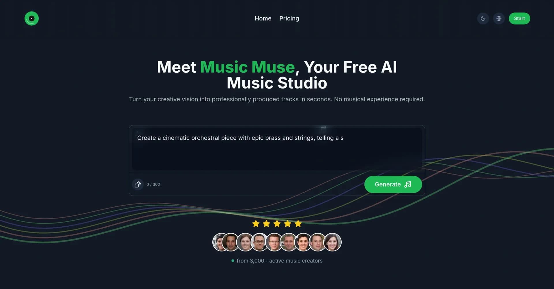 Music Muse homepage screenshot — AI music studio: Ideas to tracks in seconds