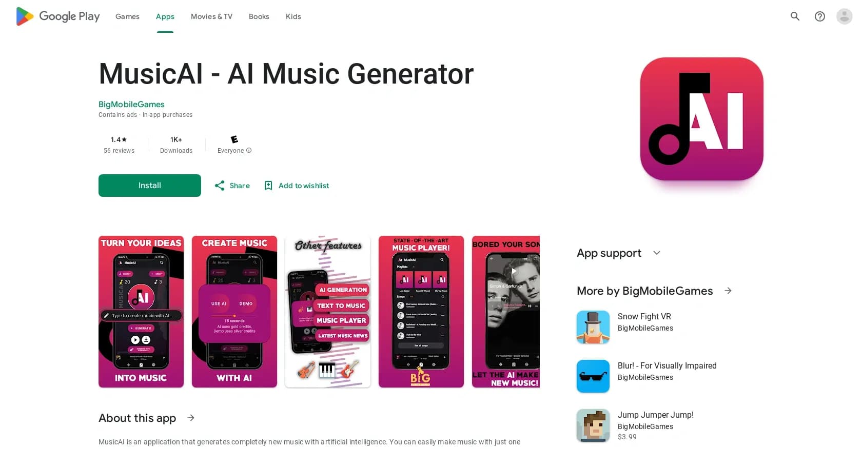 MusicAI homepage screenshot — Music composition with selection and playback.