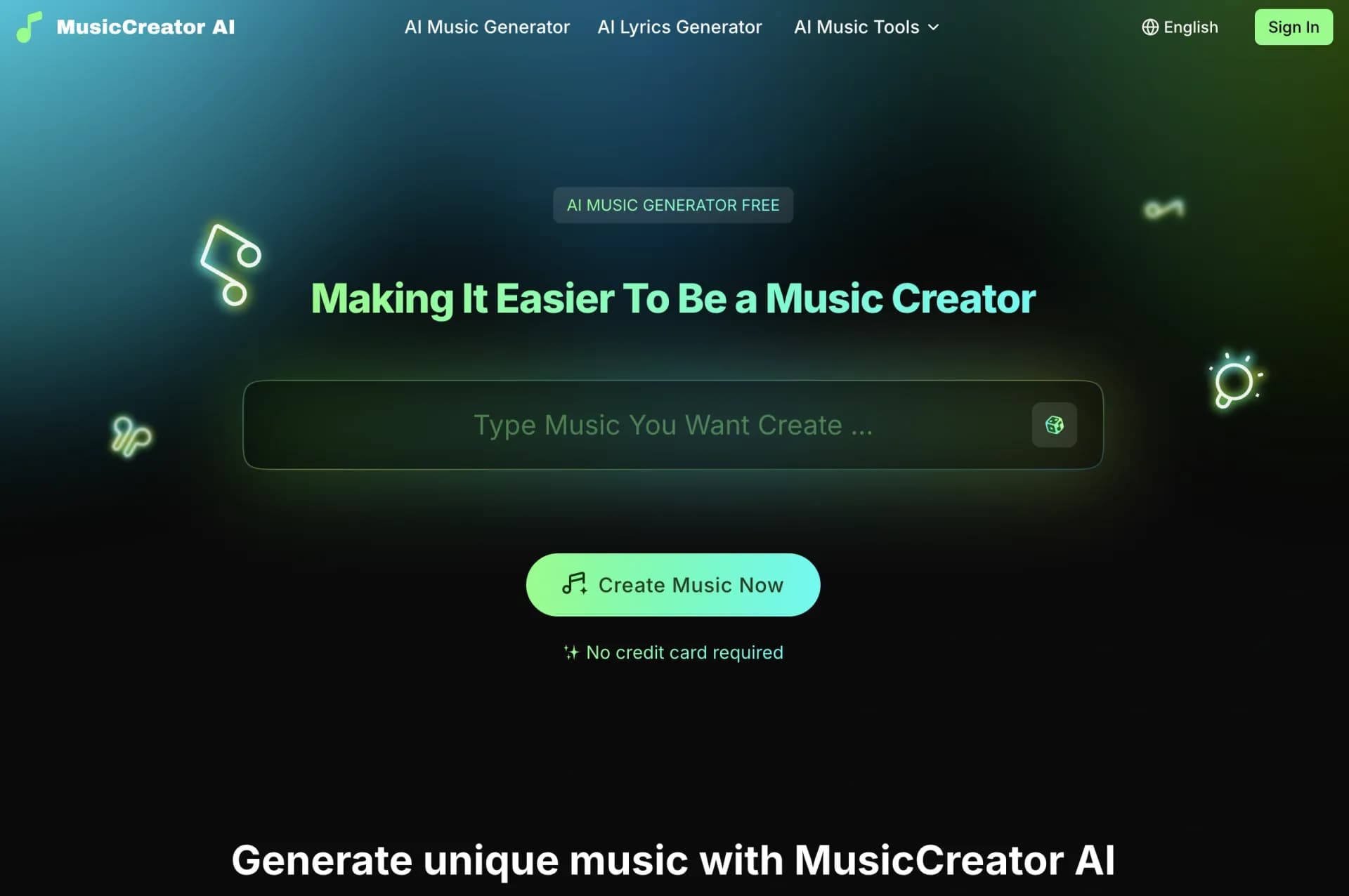 MusicCreator AI homepage screenshot — Generate unique royalty-free music with AI in seconds.