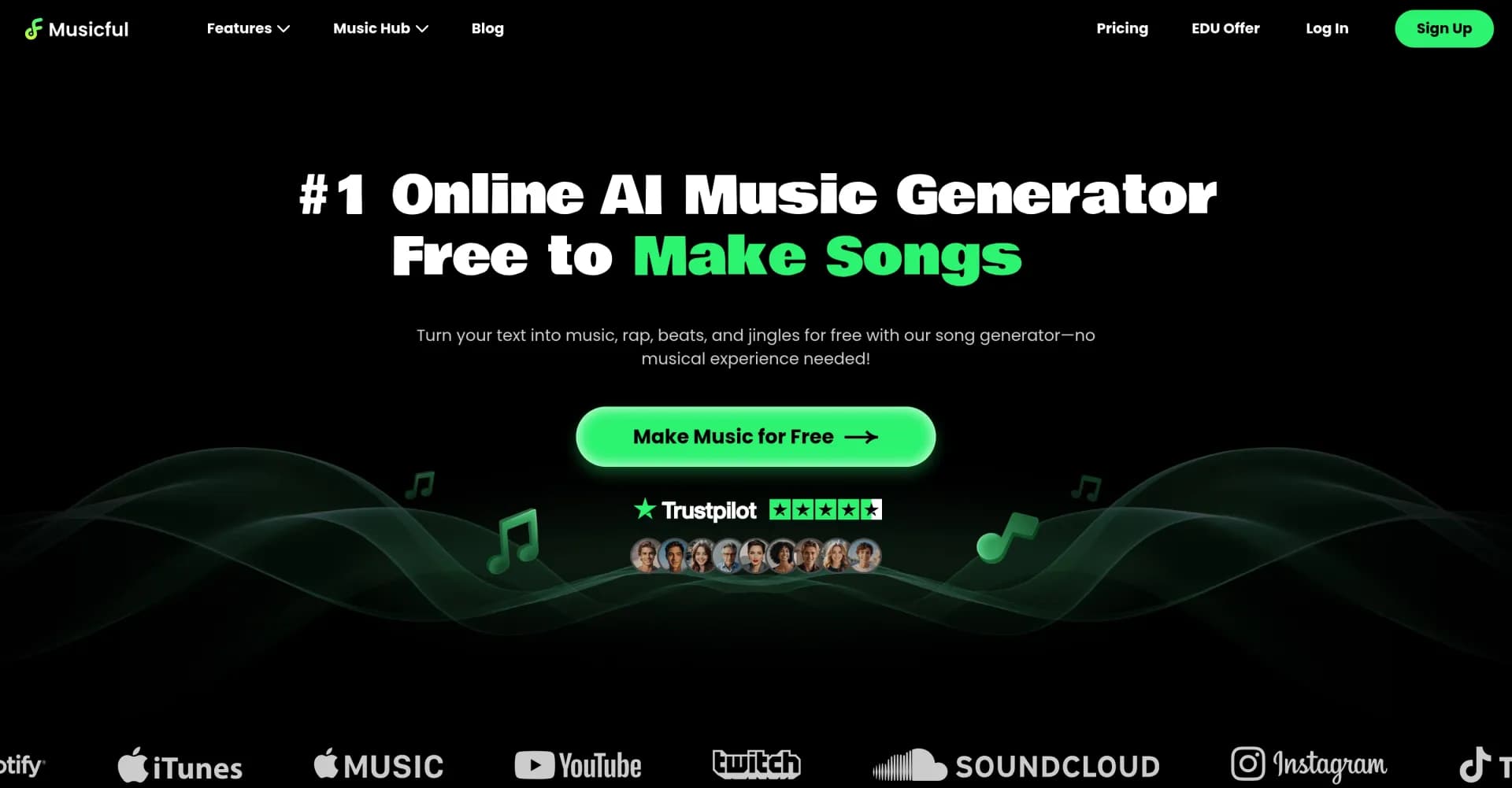Musicful homepage screenshot — Turn text into music with AI, no experience needed.