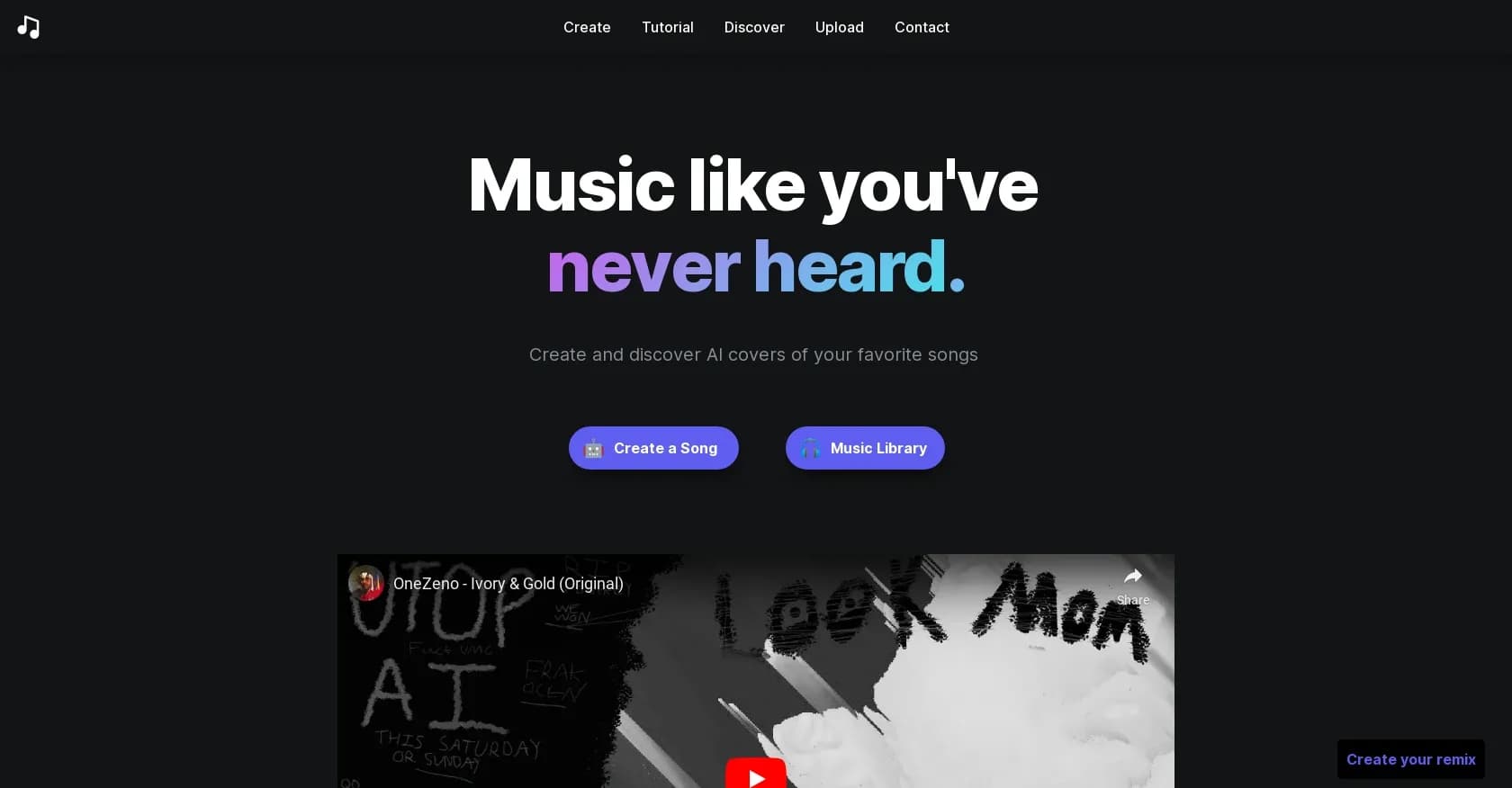 Musicfy homepage screenshot — Create AI covers of your favorite songs instantly.
