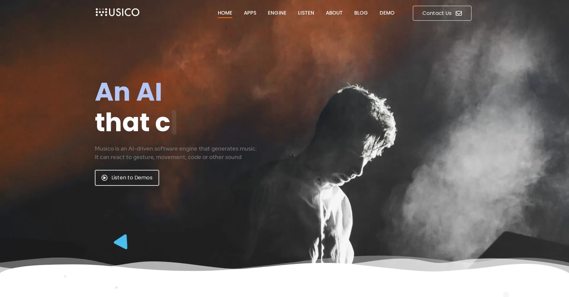 Musico homepage screenshot — AI-powered music creation from motion and sound.